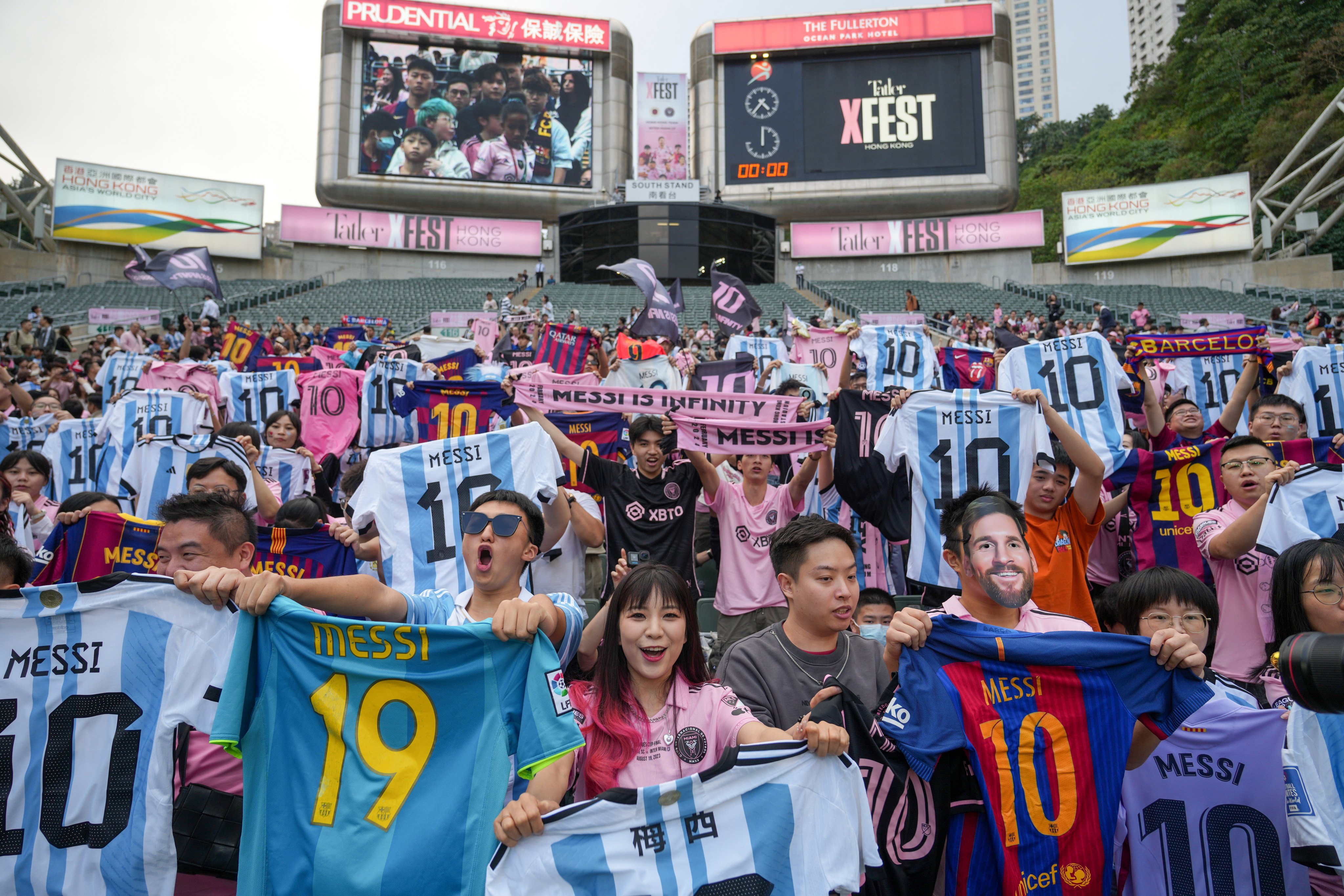 Fans of football superstar Lionel Messi gather in Hong Kong Stadium for a practice session on Saturday. Inter Miami will play a friendly match on Sunday. Photo: Sam Tsang