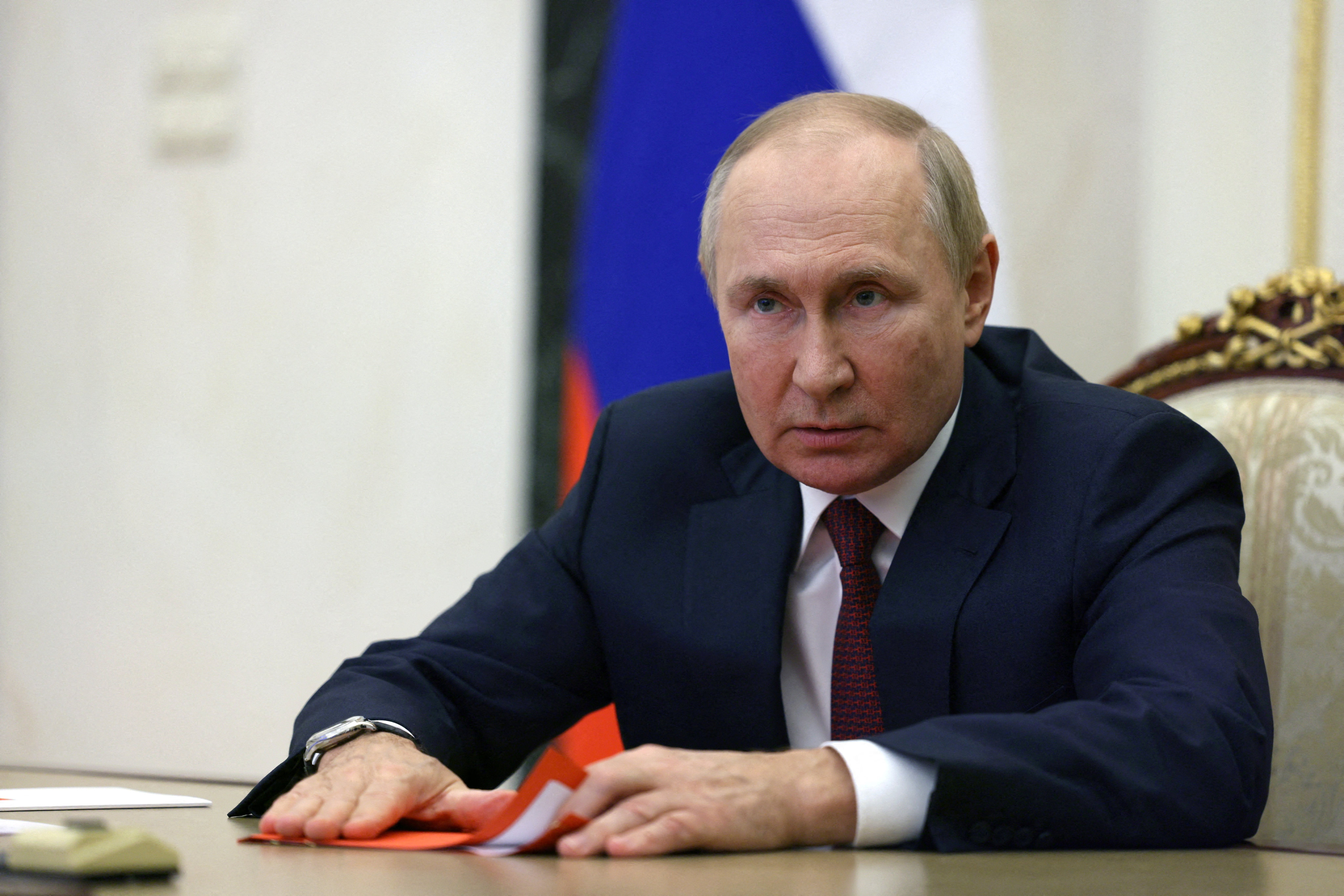 Russian President Vladimir Putin attends a meeting with members of the Security Council via a video link in Moscow, Russia, September 29, 2022. Photo: Reuters