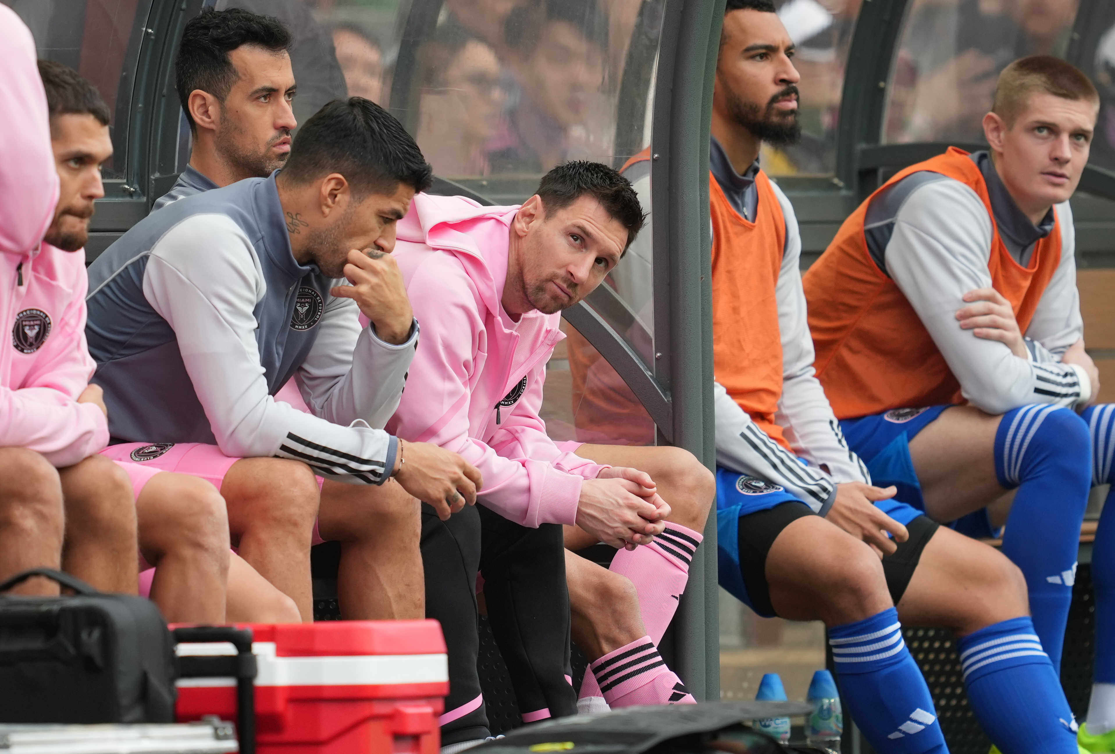 Inter Miami’s Lionel Messi sits on the sidelines during the friendly match with a Hong Kong team on Sunday. Photo: Sam Tsang