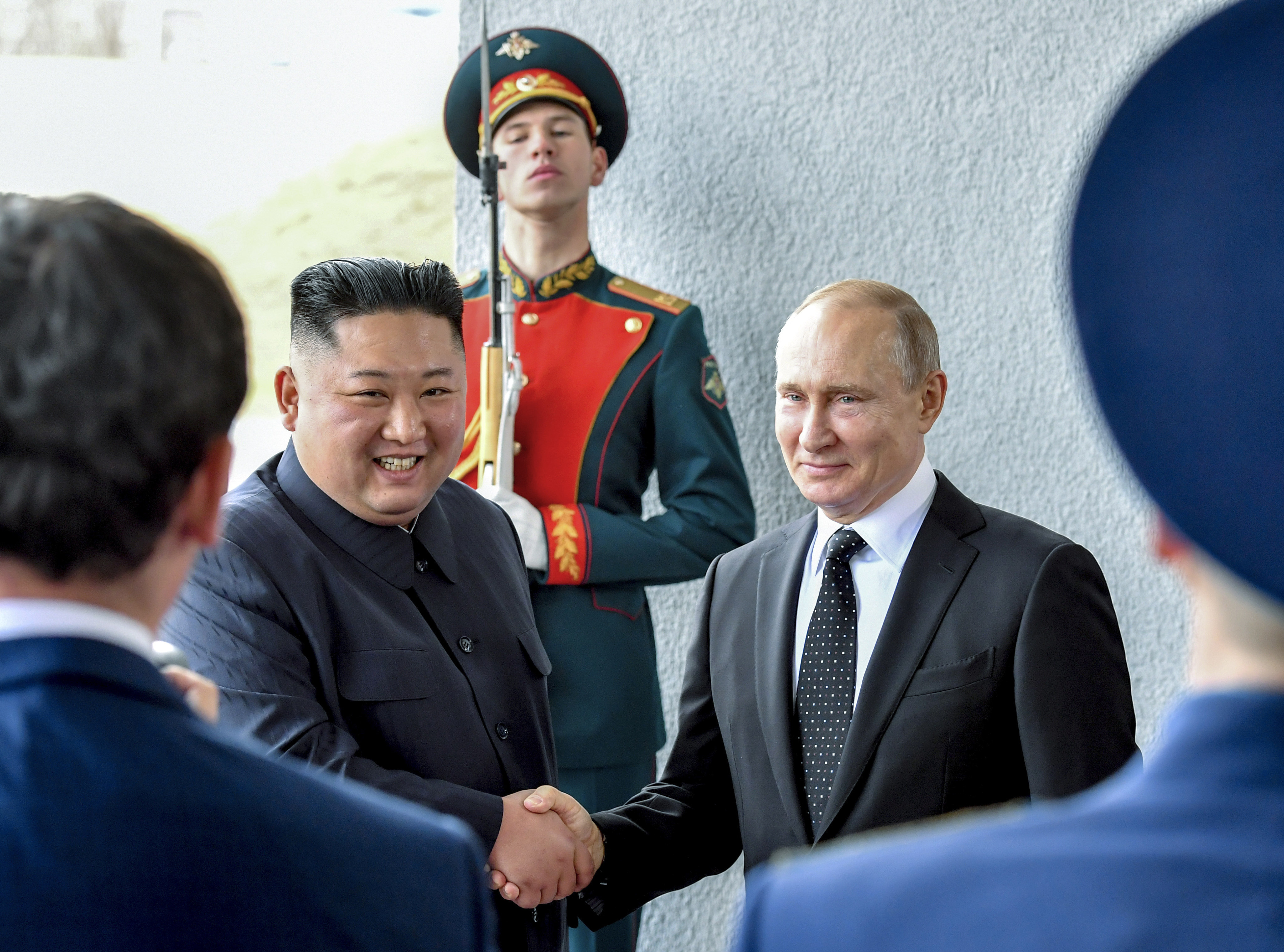 Russian President Vladimir Putin (right) and North Korea’s leader Kim Jong-un shake hands in Vladivostok on April 25, 2019. File photo: AP