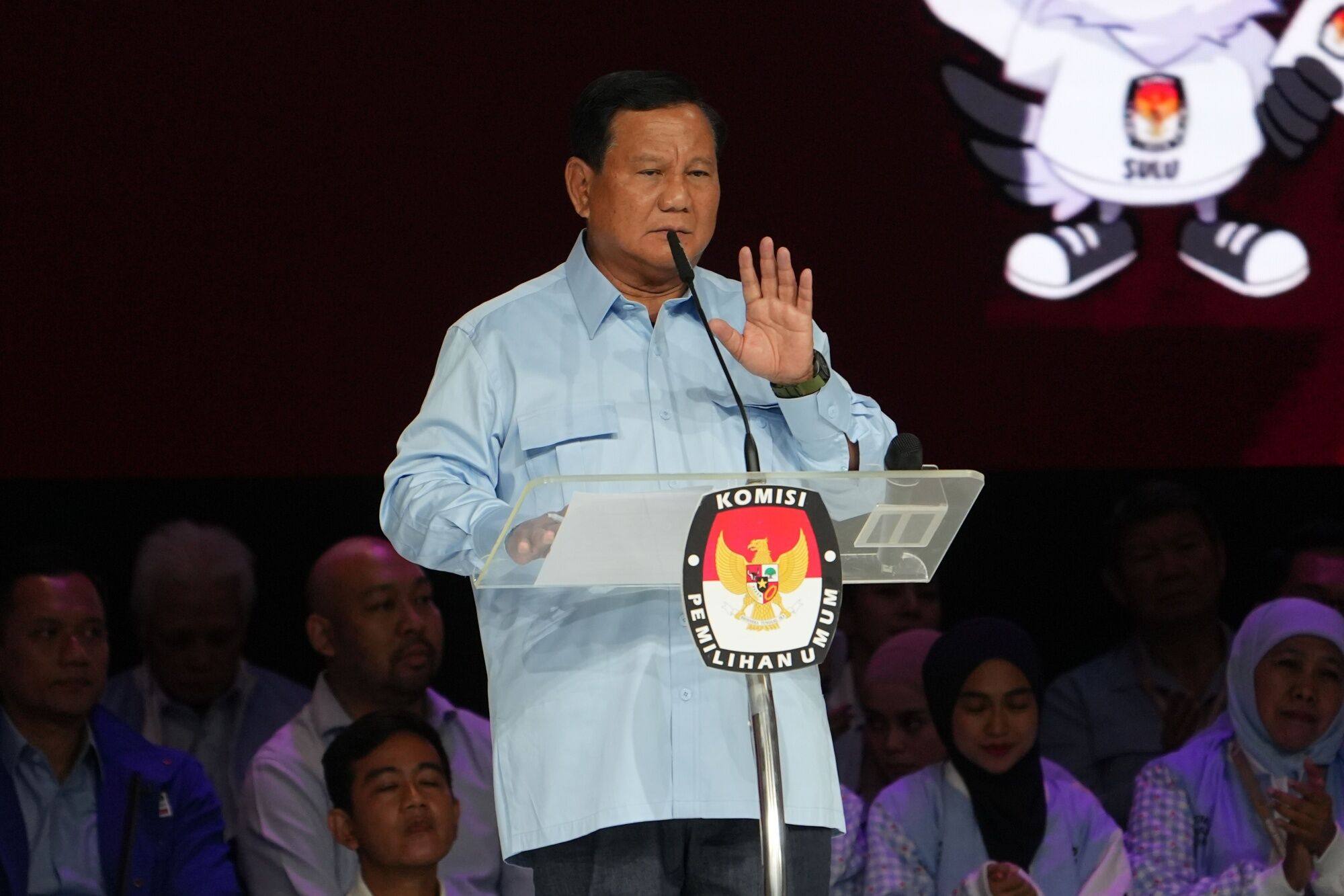 Prabowo Subianto speaks during the final presidential debate in Jakarta on Sunday. Photo: Bloomberg
