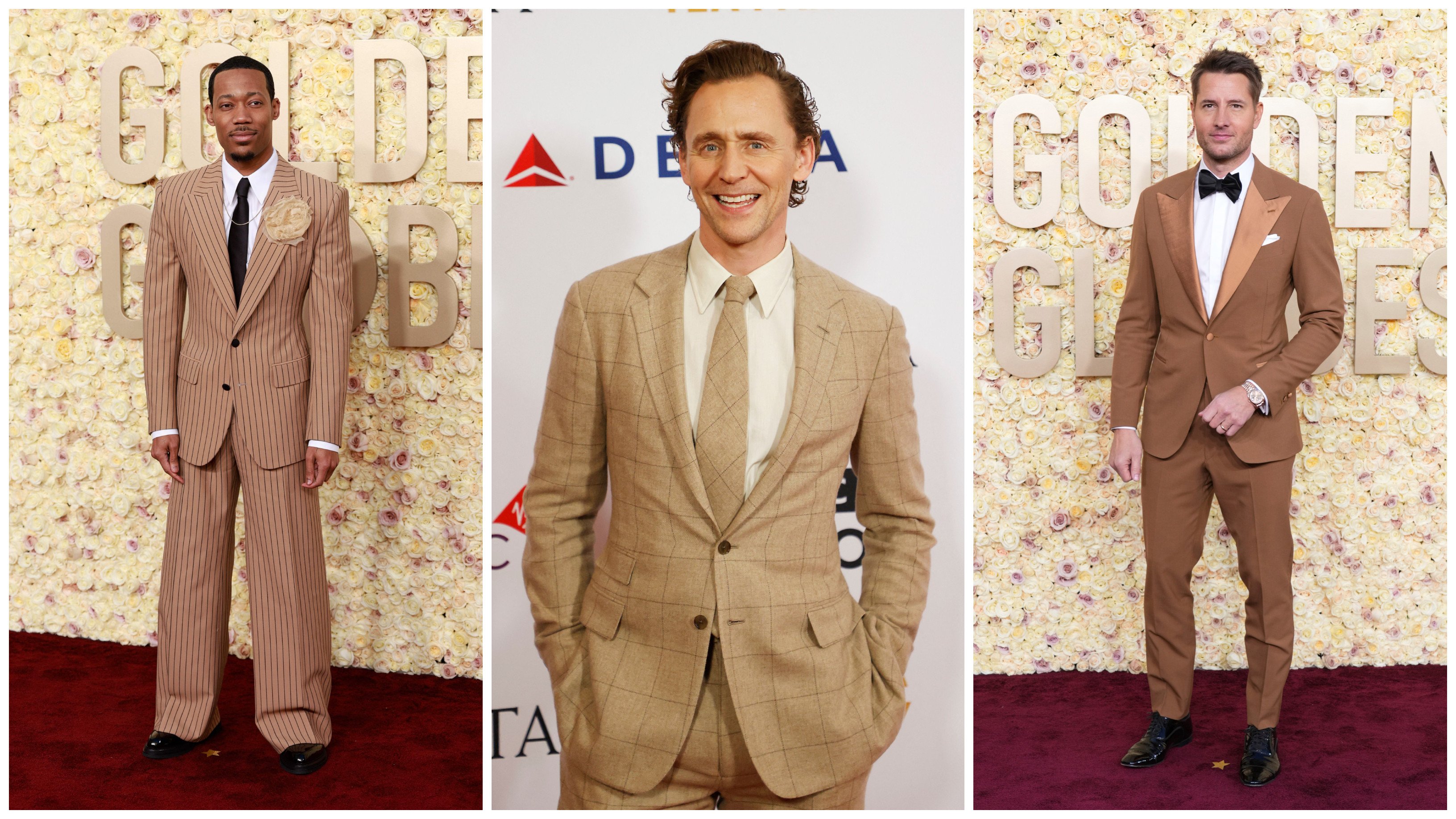 Tyler James Williamson, Tom Hiddleston and Justin Hartley have all bravely embraced tan suits on the red carpet, following a style made famous by Barack Obama. Photos: Wires