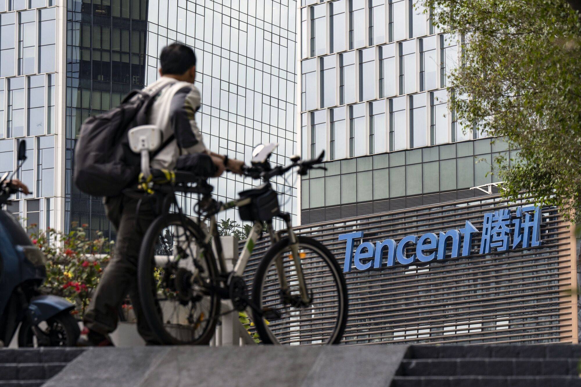 Tencent Holdings signage seen at its headquarters in Shenzhen on January 17, 2024. Photo: Bloomberg