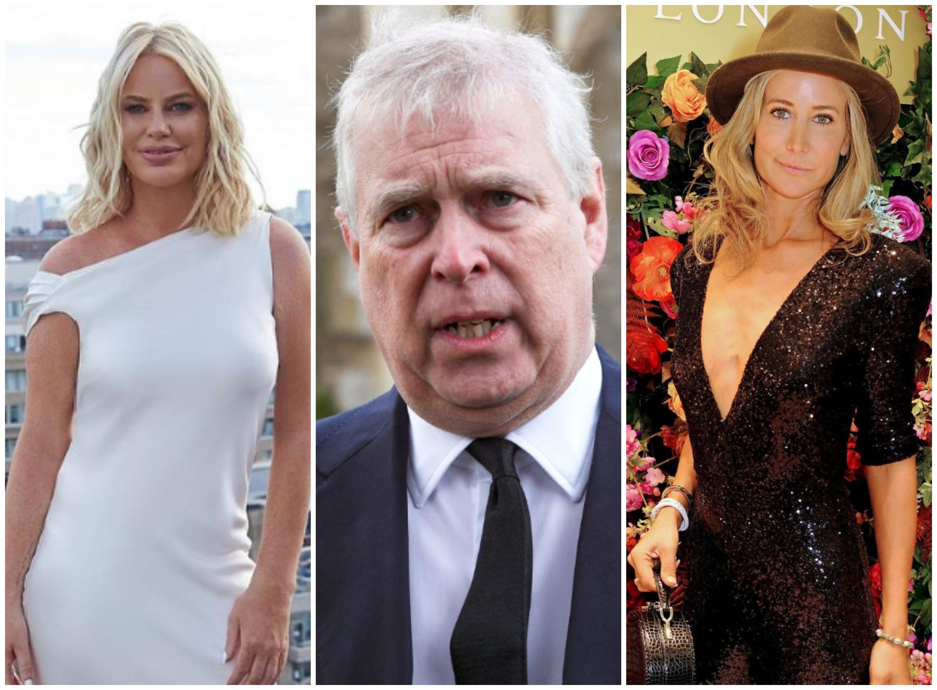 Disgraced royal Prince Andrew (centre) has reportedly dated several women since splitting from his wife Sarah Ferguson in the 90s, including Caroline Stanbury (left) and Lady Victoria Hervey (right). Photos: @carolinestanbury, @ladyvictoriahervey/Instagram; AFP