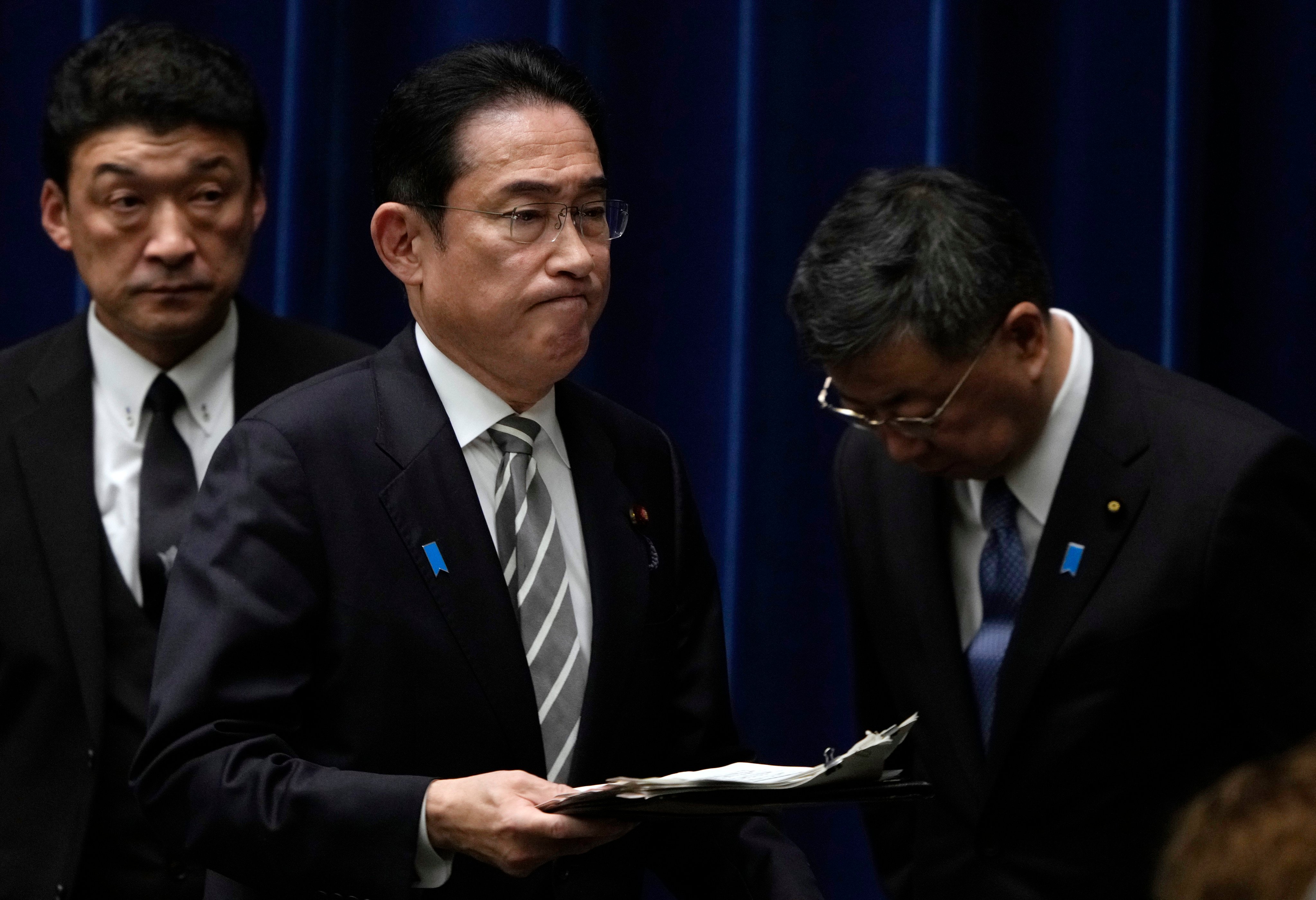 Japanese Prime Minister Fumio Kishida leaves after a press conference in Tokyo on December 13. He has ousted all four cabinet ministers of the ruling party’s largest faction, as he seeks to control the damage following a political fundraising scandal. Photo: Xinhua