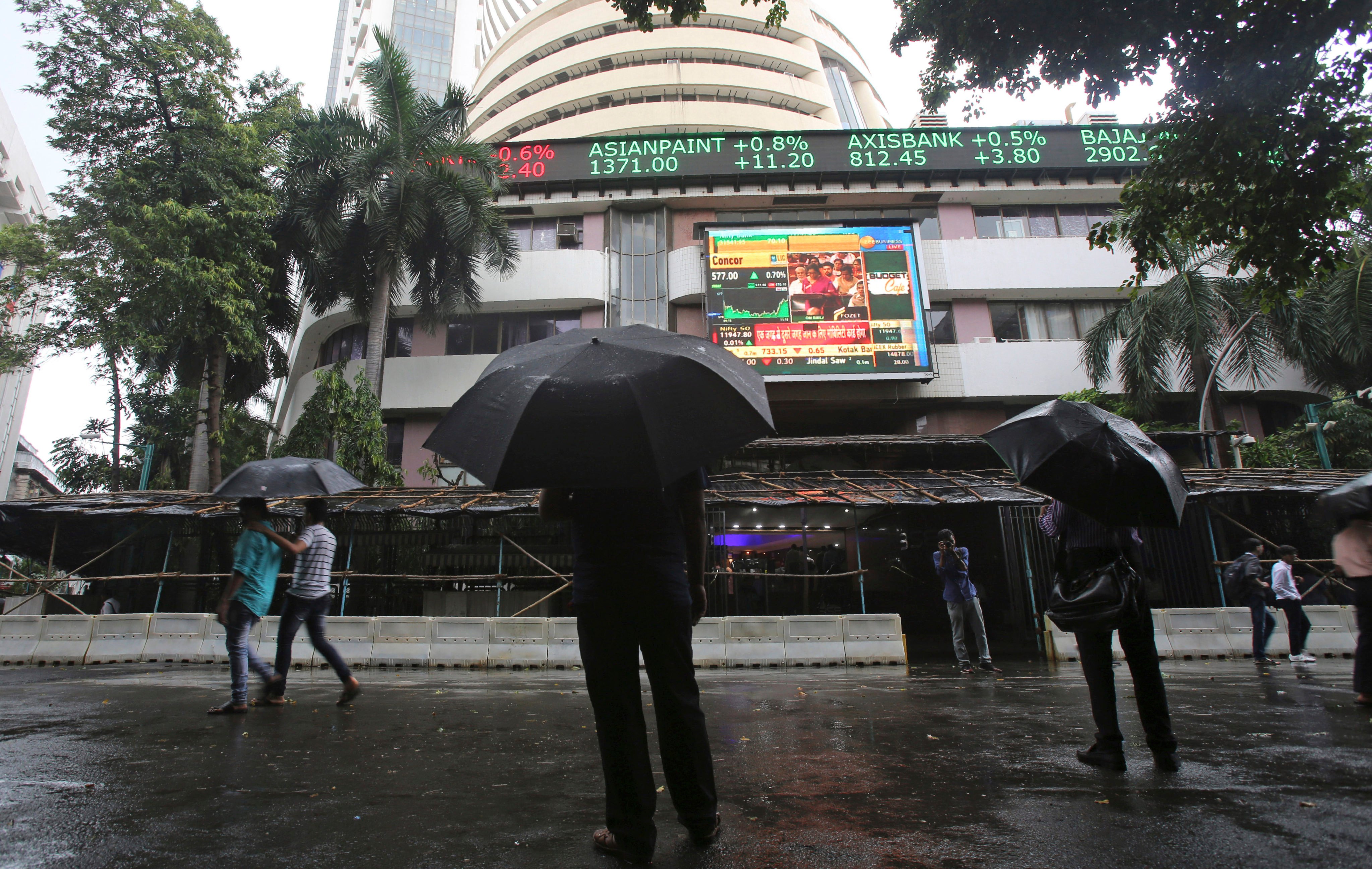 A stock market index displayed on the facade of the Bombay Stock Exchange (BSE) building in Mumbai, India. Photo: AP