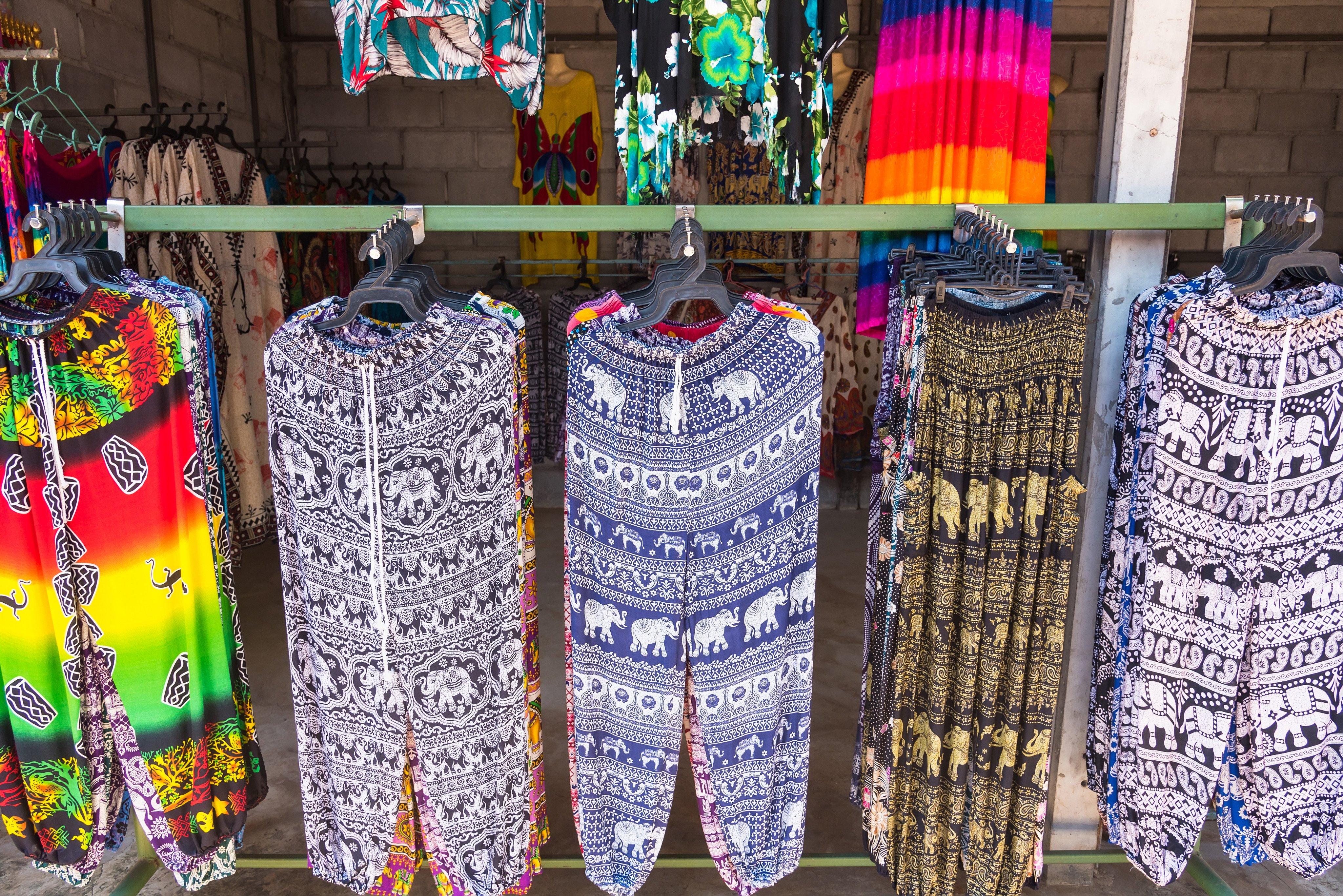 Pants with printed elephant patterns at a shop in Kanchanaburii, Thailand. Photo: Shutterstock 