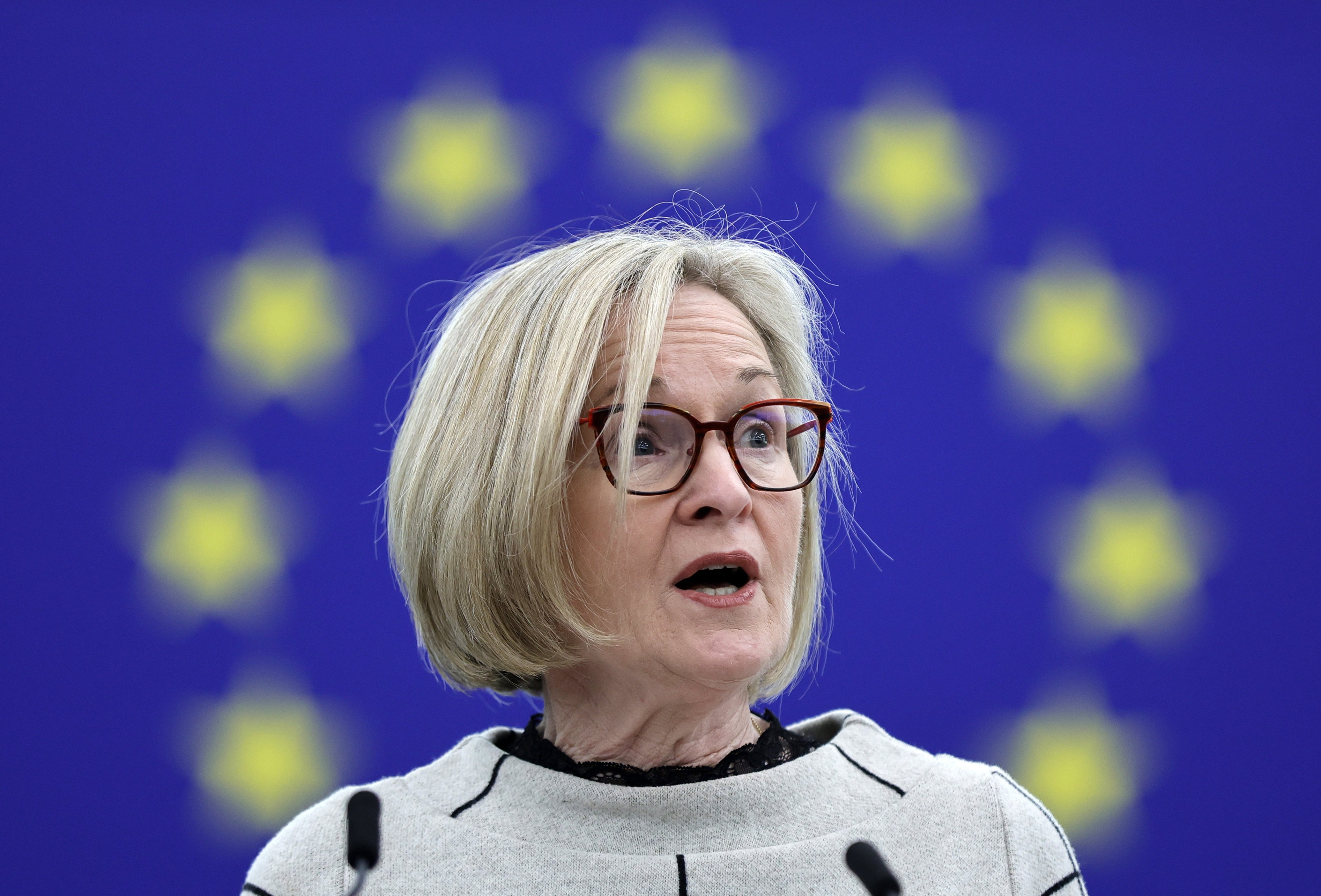Mairead McGuinness, the European commissioner for financial services, speaks at the European Parliament in Strasbourg, France, on Monday. Photo: EPA-EFE