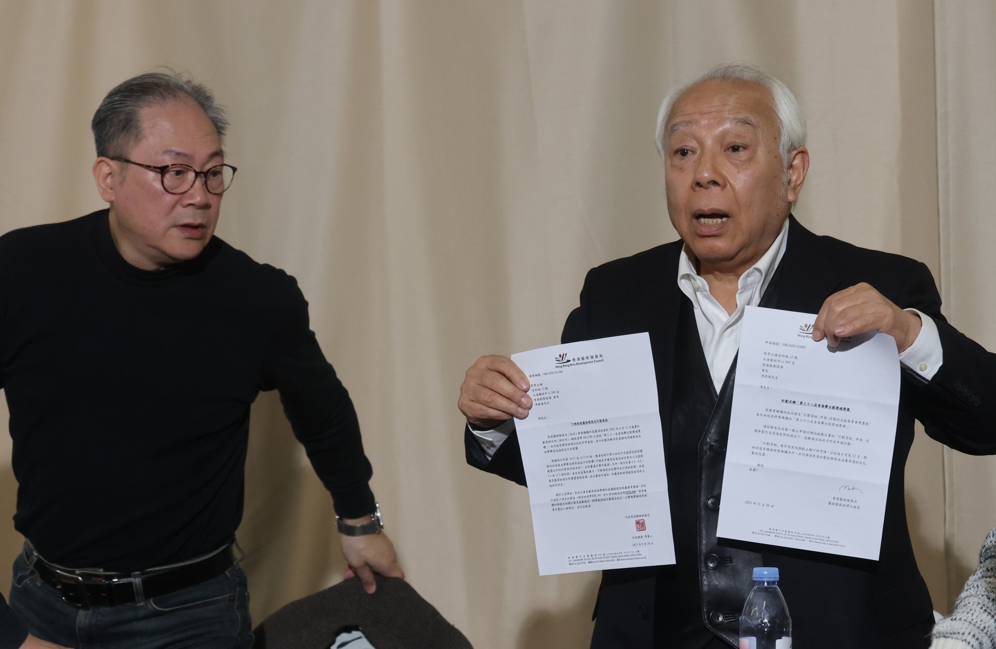 (From left) Hong Kong Federation of Drama Societies’ Dominic Cheung and president Luther Fung respond to to the Arts Development Council’s allegations about controversial guests at its 2023 drama awards. Photo Jonathan Wong