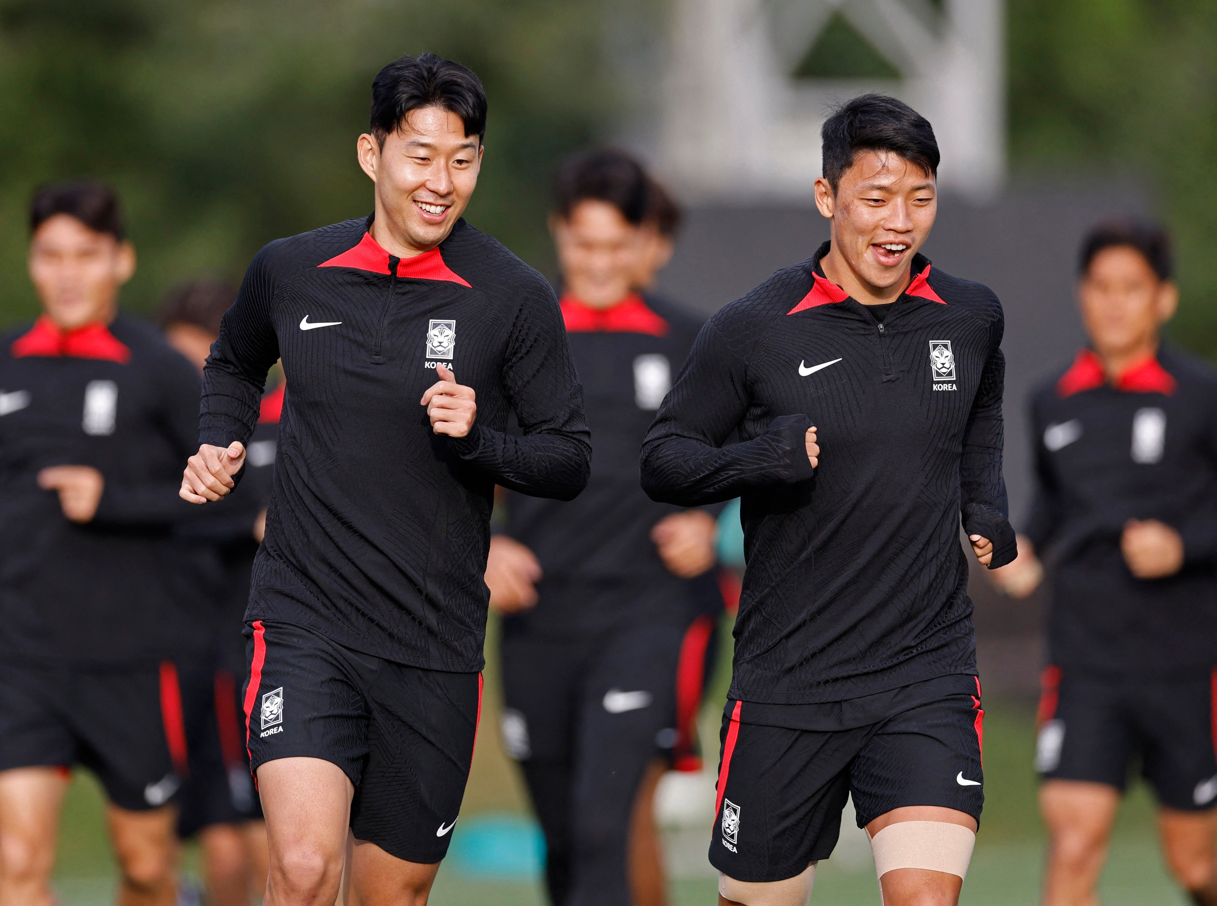 South Korea’s Son Heung-min and Hwang Hee-chan during training ahead of the semi-final. Photo: Reuters