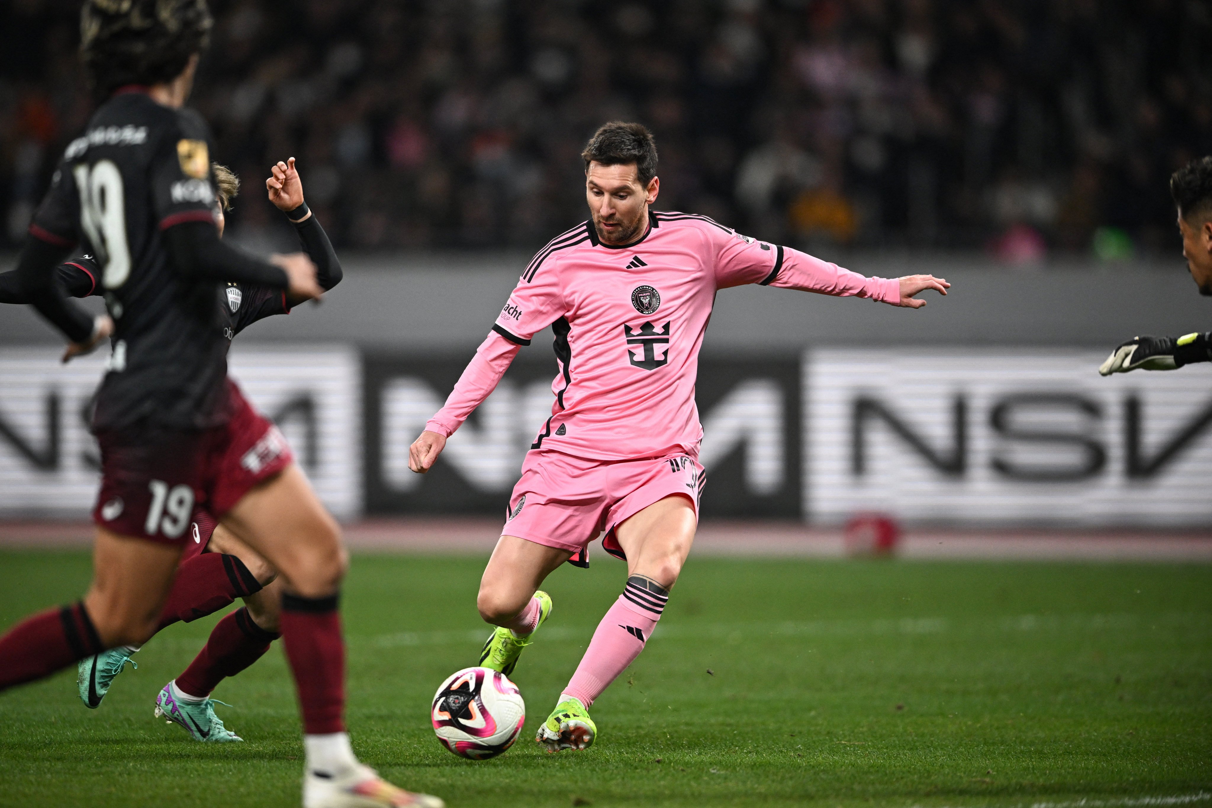 Inter Miami’s Lionel Messi (centre) shapes to shoot during his side’s game against Vissel Kobe. Photo: AFP
