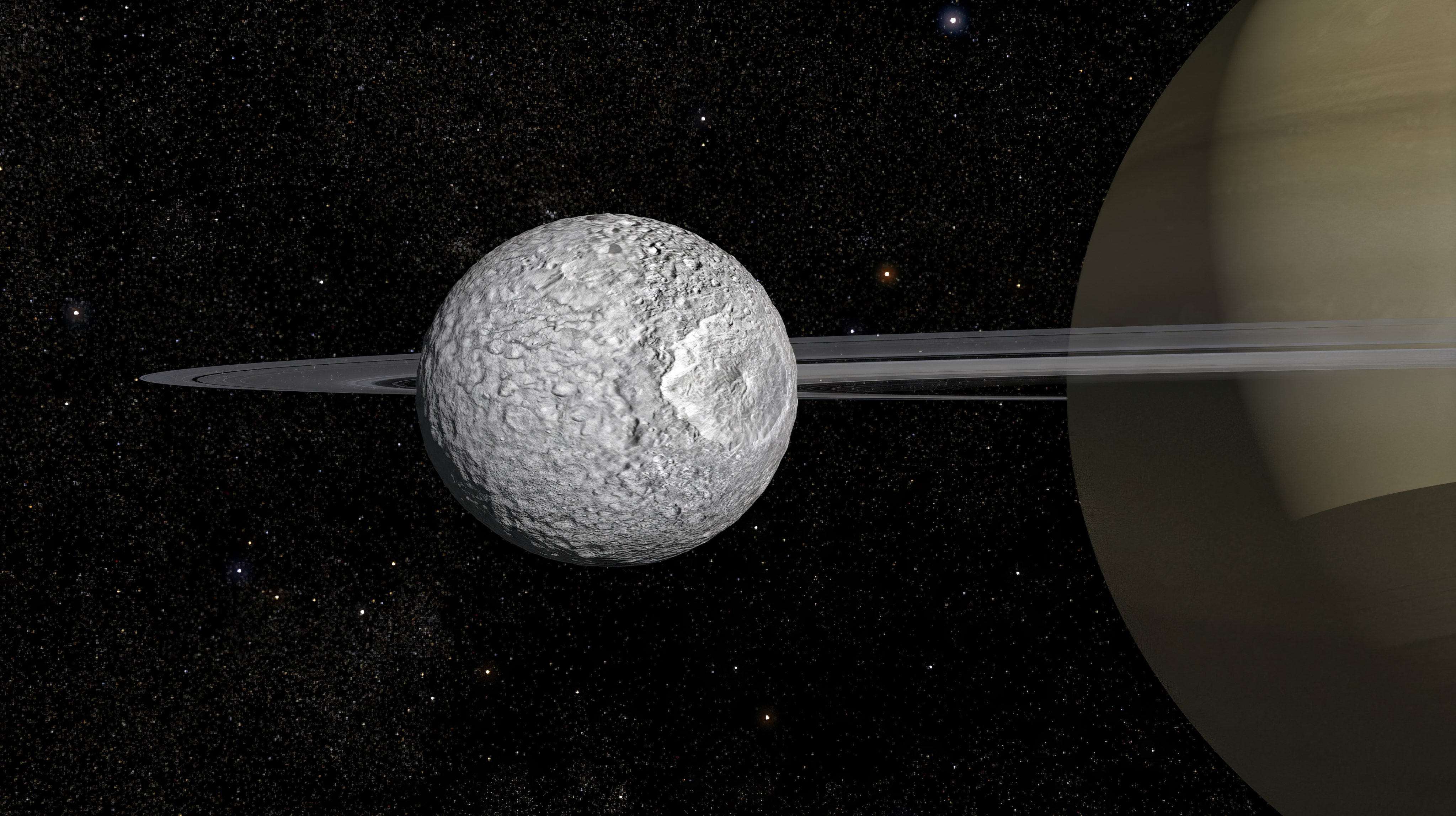 A team of researchers from China and Europe have found a young and evolving body of water beneath the surface of Mimas, the smallest moon in orbit around Saturn. Image: Observatoire de Paris