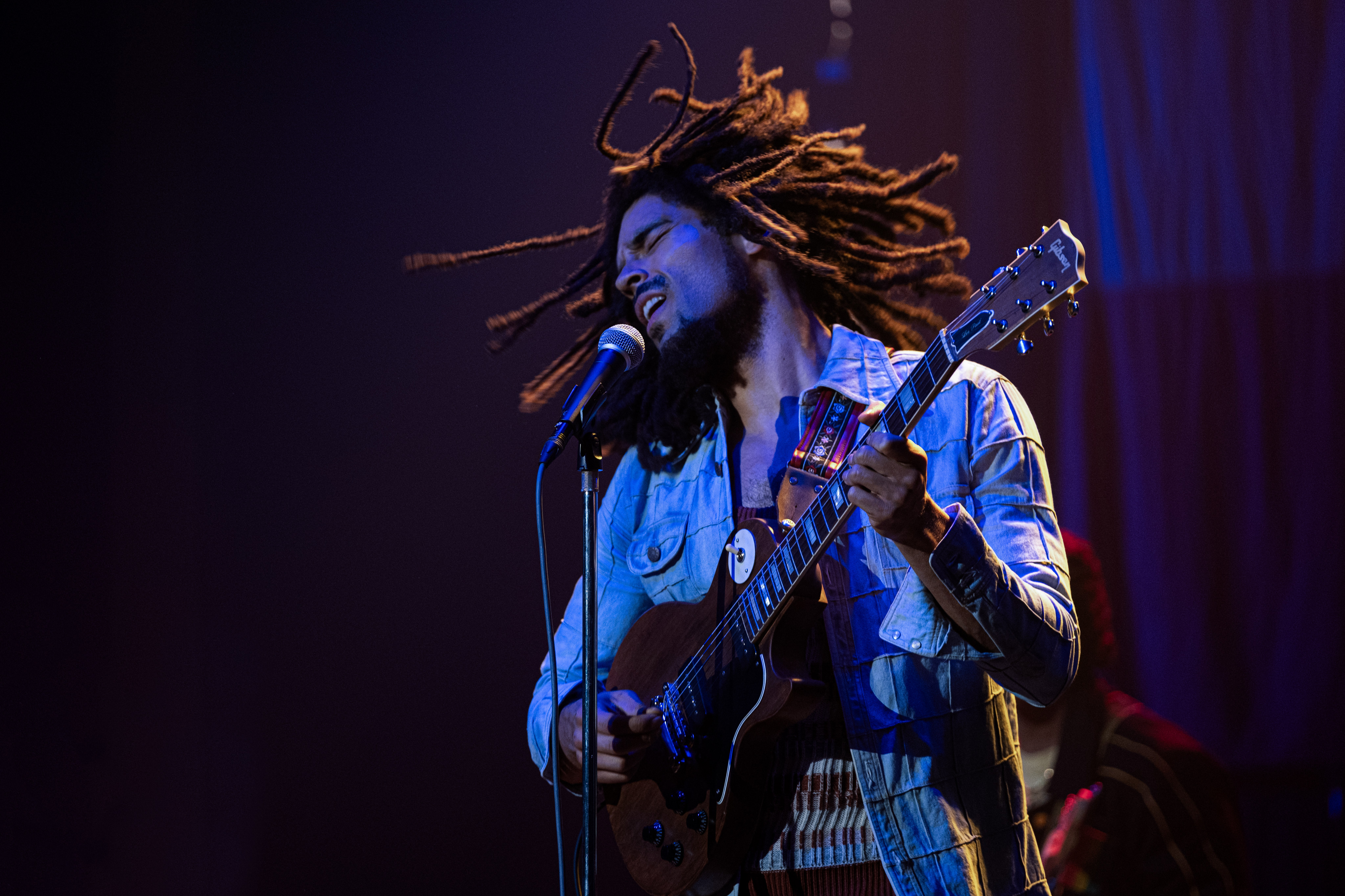 Kingsley Ben-Adir as Bob Marley in a still from Bob Marley: One Love. Photo: Chiabella James