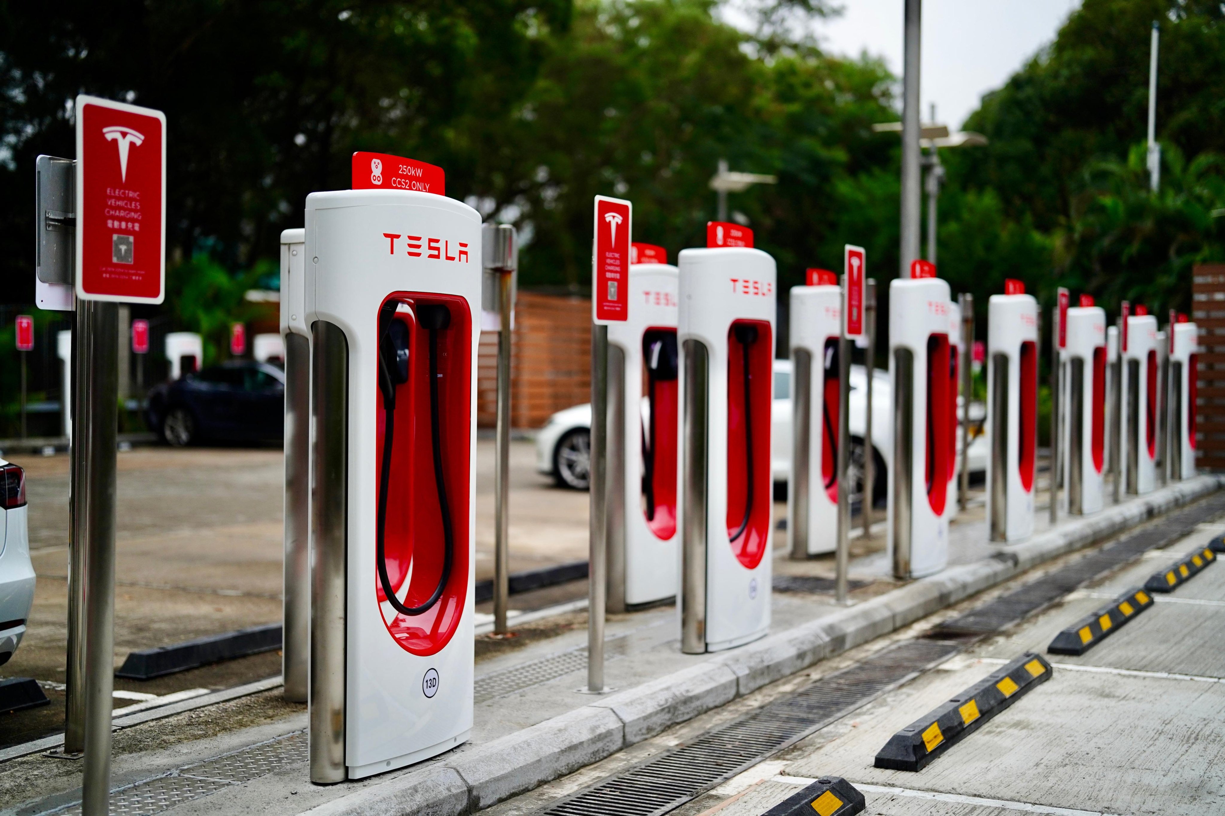 A line of Tesla electric vehicle charging stations stands ready at the Hyatt Regency in Sha Tin, Hong Kong. Photo: Handout