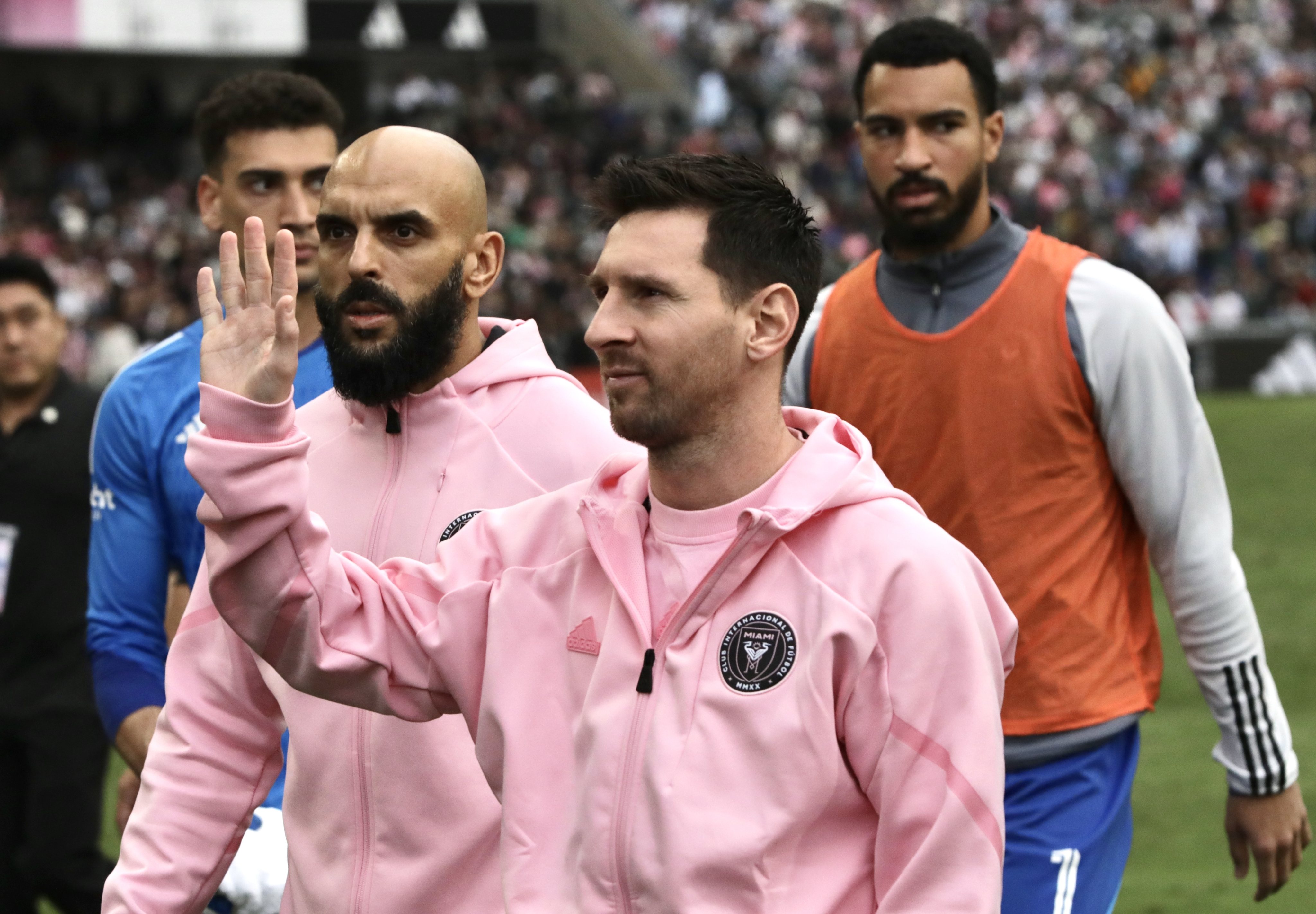 Lionel Messi waves at fans before the friendly soccer match between Inter Miami and the Hong Kong team at Hong Kong Stadium on February 4. Photo: Zuma Press Wire/DPA
