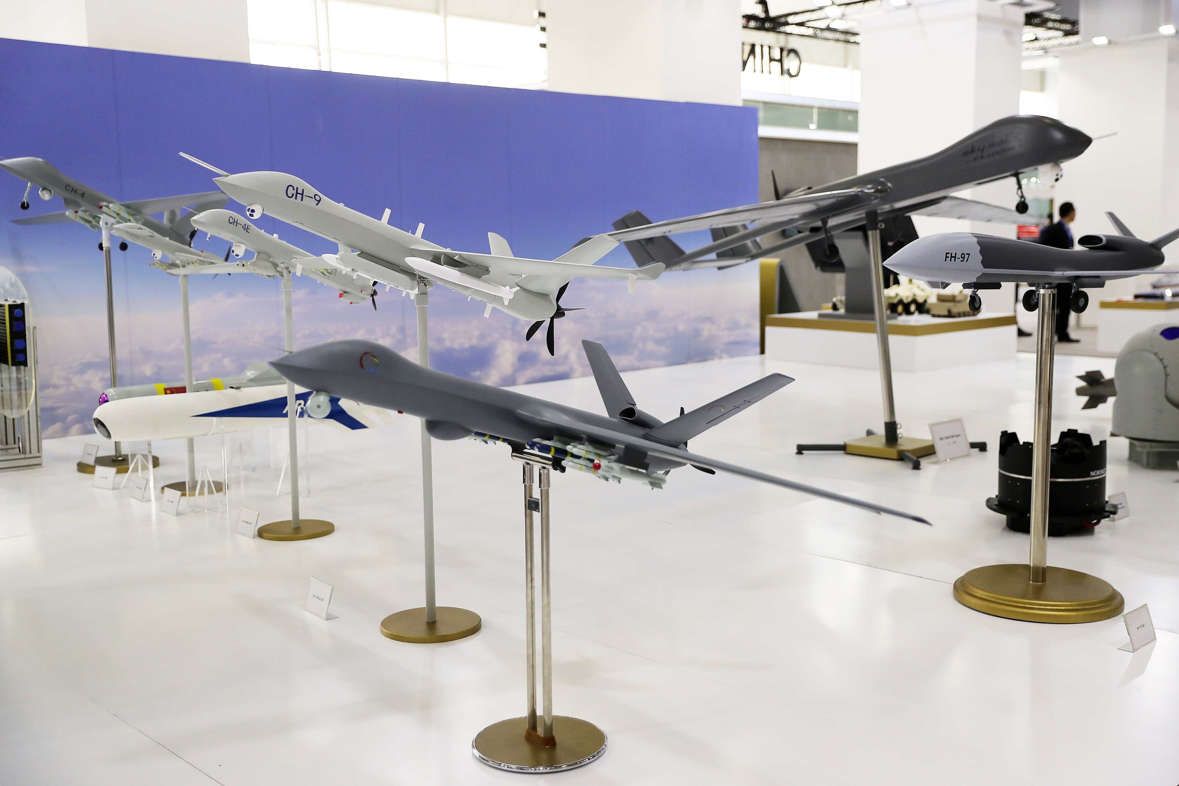 Chinese drone makers display UAV models at the World Defence Show in Riyadh, Saudi Arabia on Monday. Photo: Xinhua