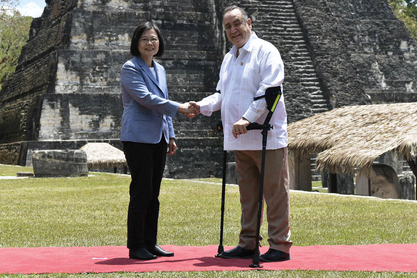 In April last year, Taiwan’s President Tsai Ing-wen, left, and Guatemala’s President Alejandro Giammattei met at the Tikal archaeological site in Peten, Guatemala. Photo: AFP