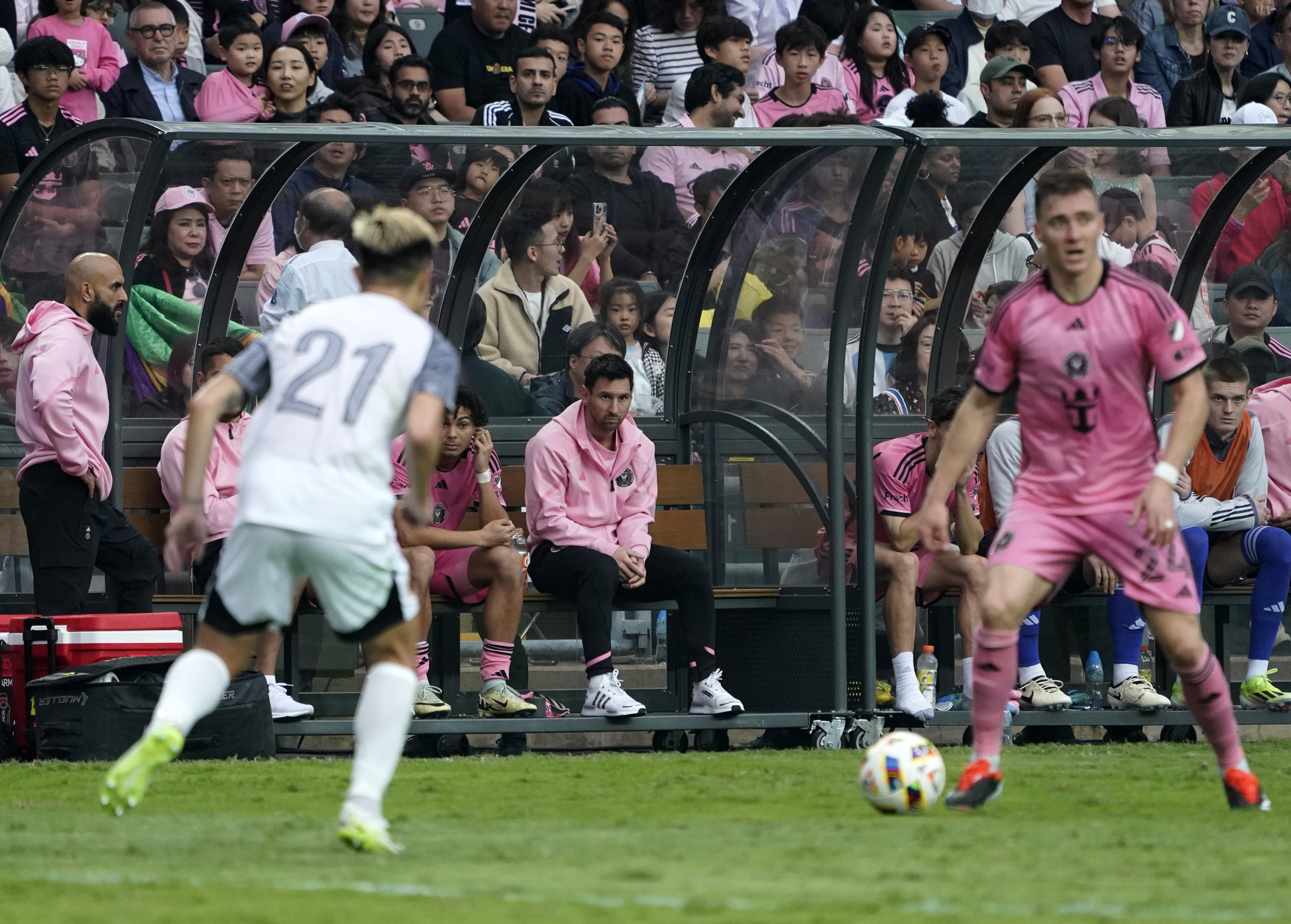 Lionel Messi remains on the bench during an Inter Miami friendly in Hong Kong. Fans were left angry and disappointed after the football star missed the match entirely. Photo: Getty Images