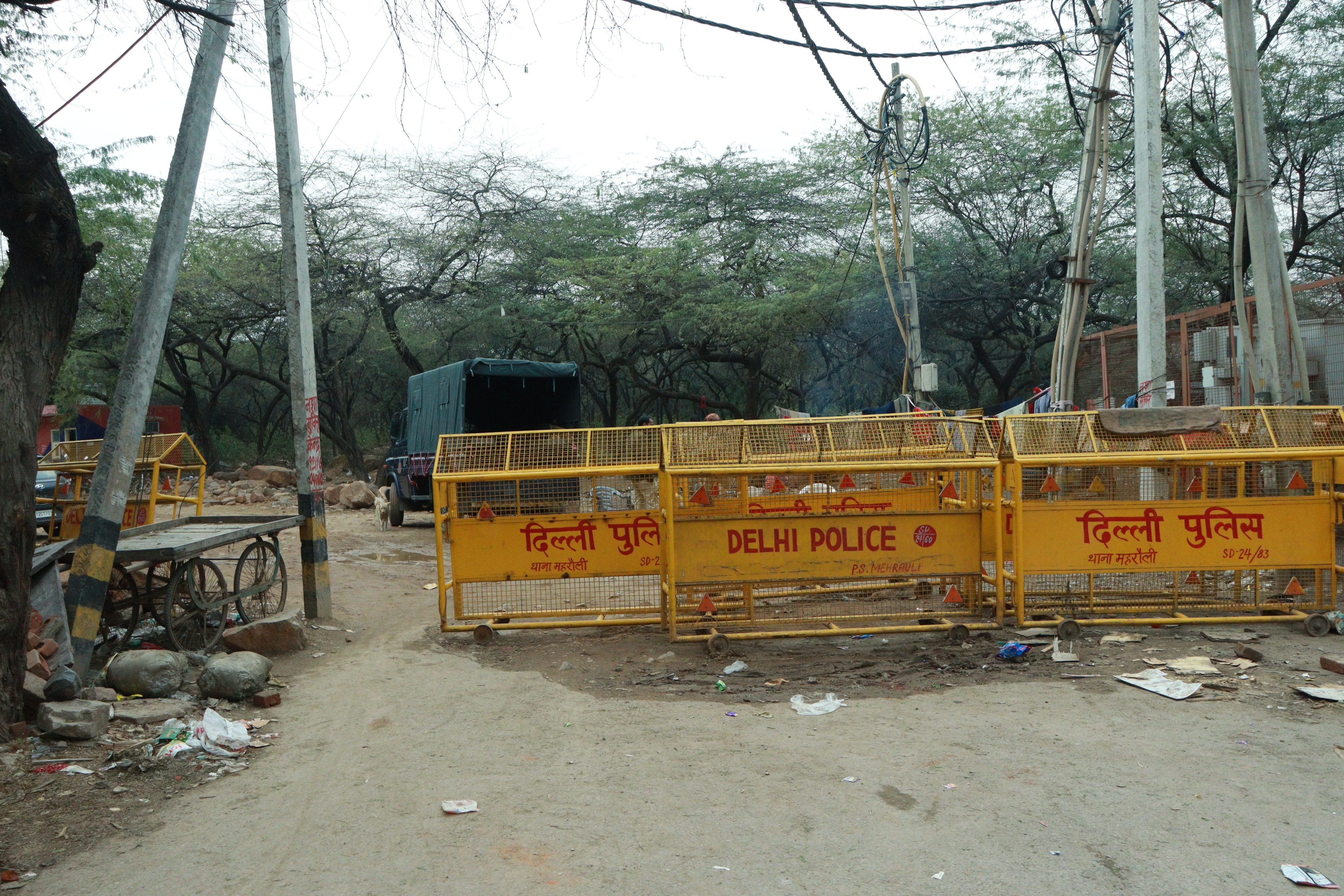 Delhi police barriers block the entrance to the demolition site in the Mehrauli area following the demolition of the 600-year-old mosque by the DDA. Photo: Kaisar Andrabi
