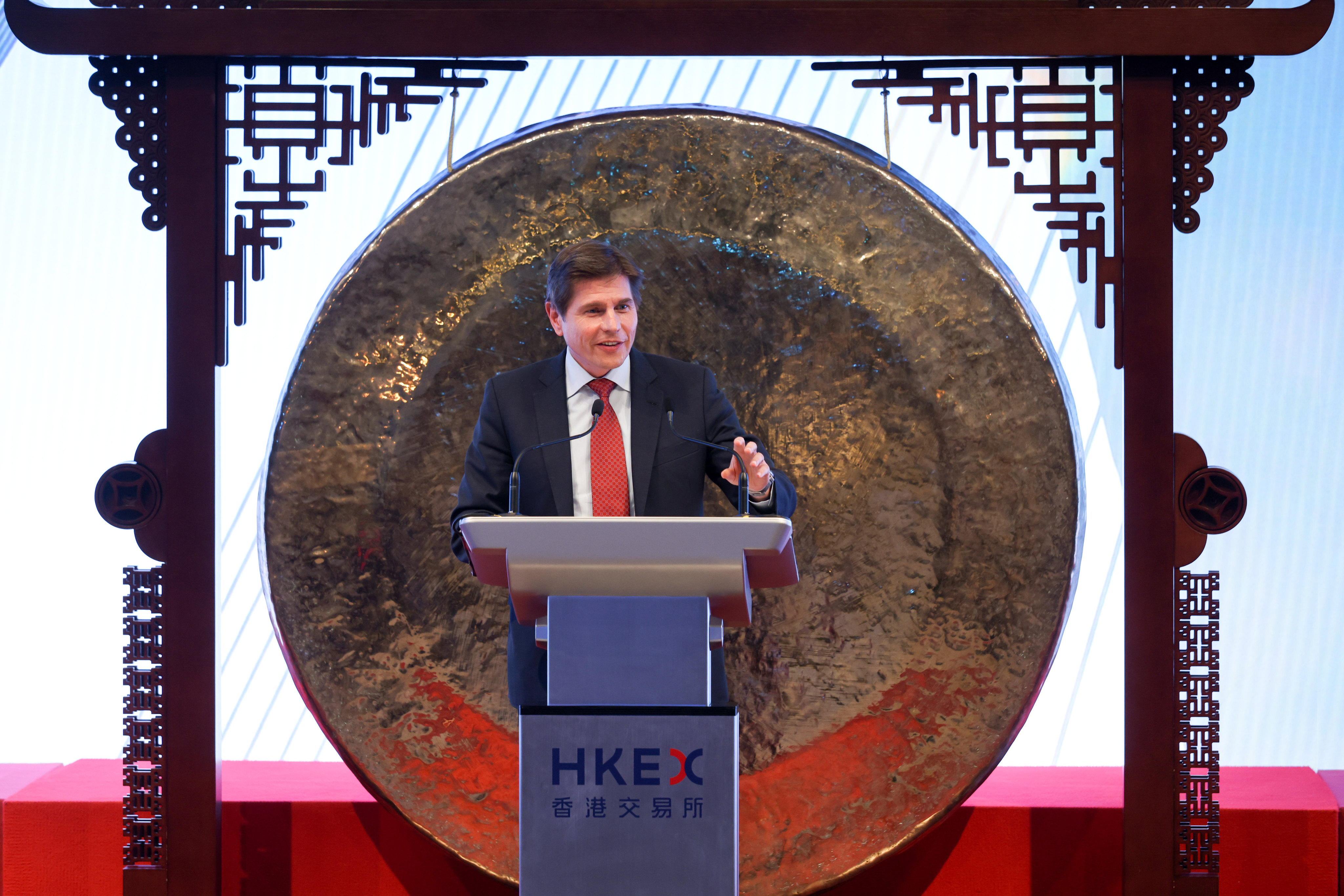 Aguzin attends a ceremony to celebrate the 30th Anniversary of H shares at the stock exchange in Hong Kong, in this file photo from August last year. Aguzin joined HKEX on May 24, 2021, on a three-year contract. Photo: Yik Yeung-man
