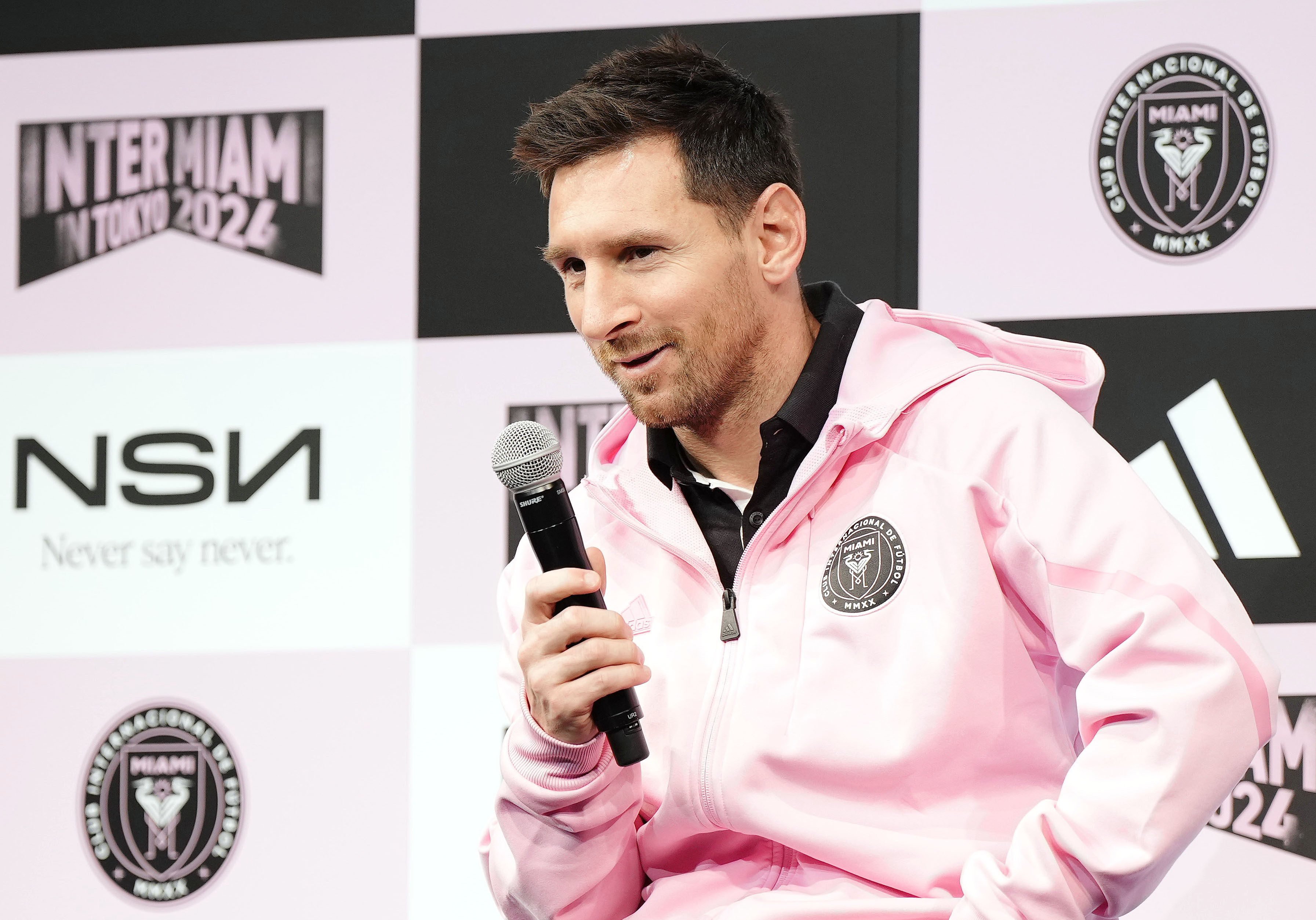 Inter Miami’s captain Lionel Messi speaks to the press before he turns out for the club in a friendly match in Tokyo, just days after he failed to play in Hong Kong because of injury. Photo: Handout