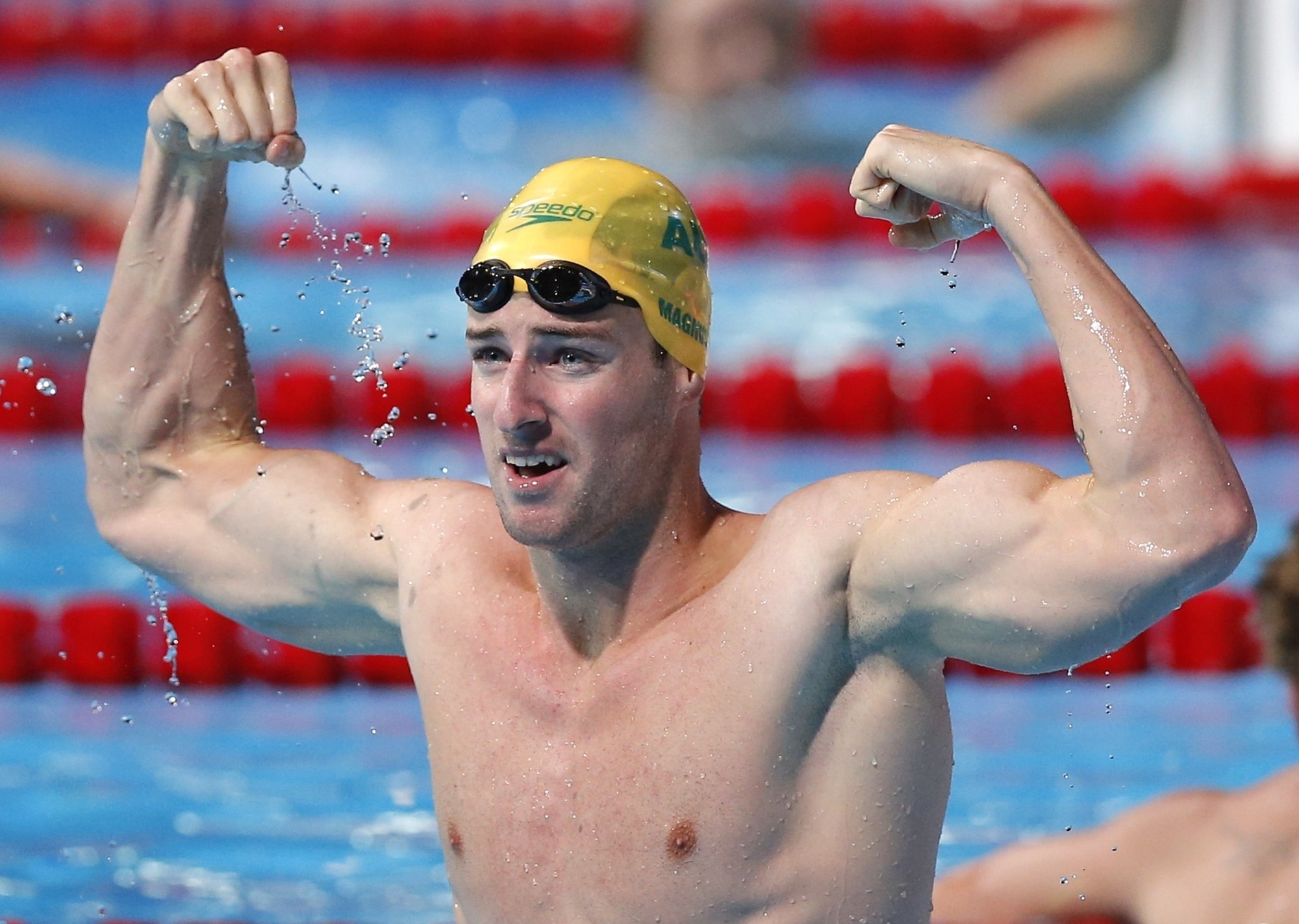 Australia’s James Magnussen celebrates after winning the gold medal in the men’s 100m freestyle final at the  Swimming World Championships in Barcelona on August 1, 2013. Photo: AP
