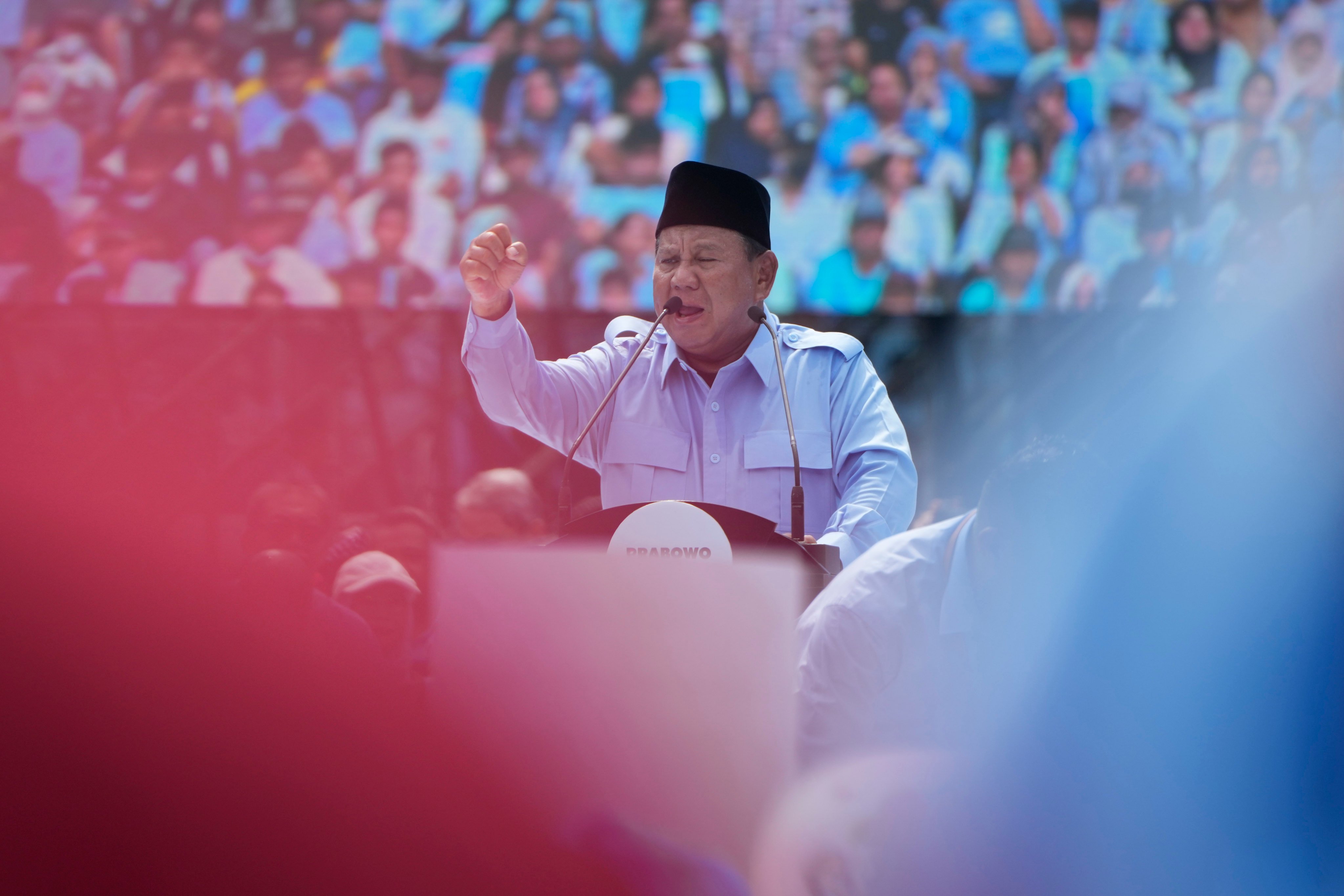 Presidential candidate Prabowo Subianto gestures as he speaks during his final campaign rally at Gelora Bung Karno Main Stadium in Jakarta on Saturday. Photo: AP