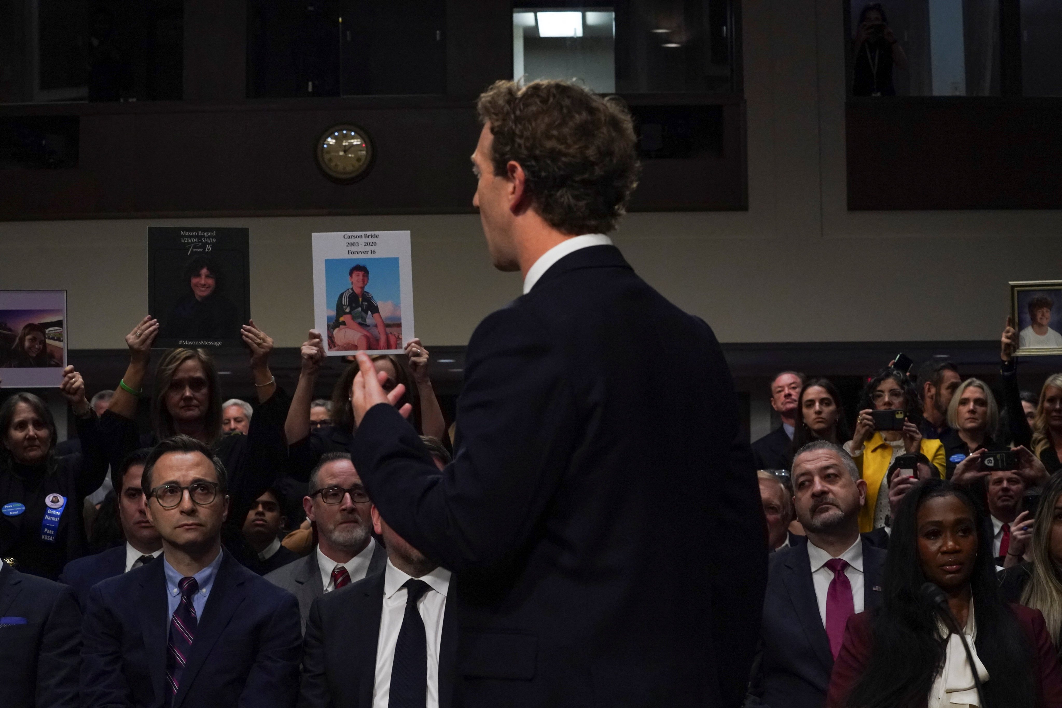 Meta’s CEO Mark Zuckerberg offers an apology to family members in the audience during the Senate Judiciary Committee hearing on online child sexual exploitation, at the US Capitol, in Washington, on January 31. Photo: Reuters