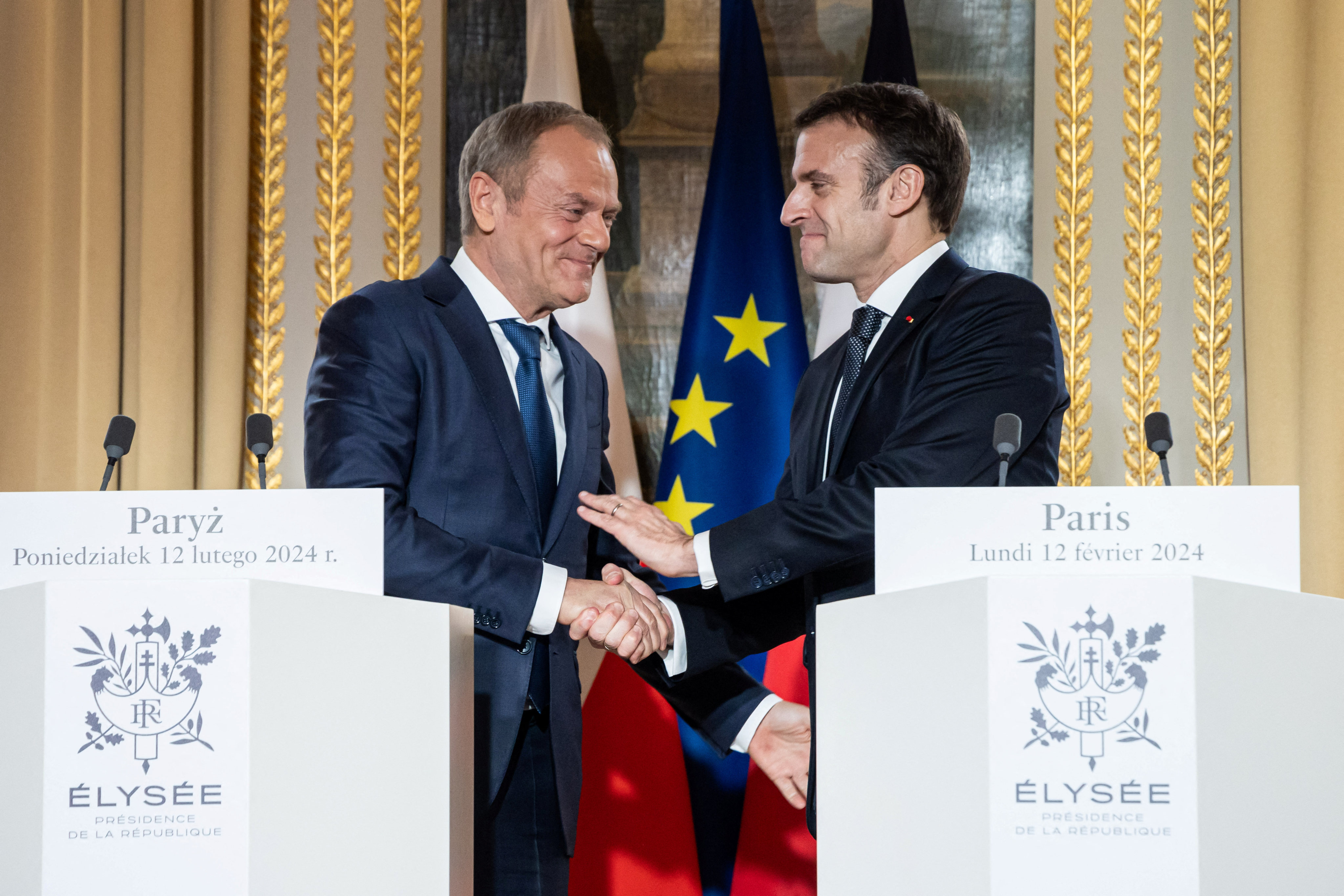 Polish Prime Minister Donald Tusk and French President Emmanuel Macron in Paris on Monday. Photo: Reuters