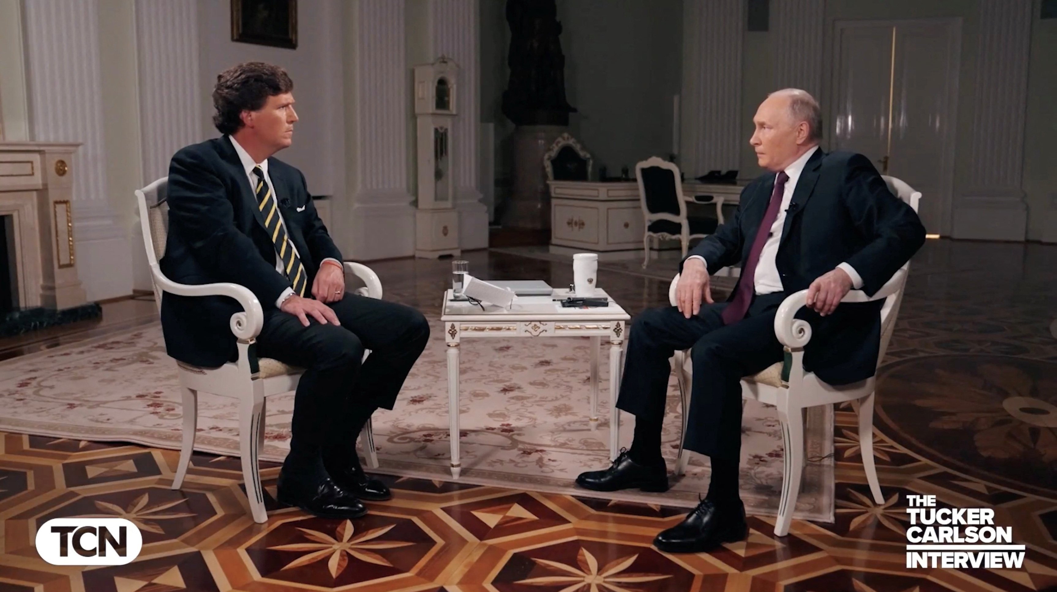 Russian President Vladimir Putin speaks during an interview with US television host Tucker Carlson in Moscow on February 6, in this still image taken from video released February 8. Photo: Tucker Carlson Network/Handout