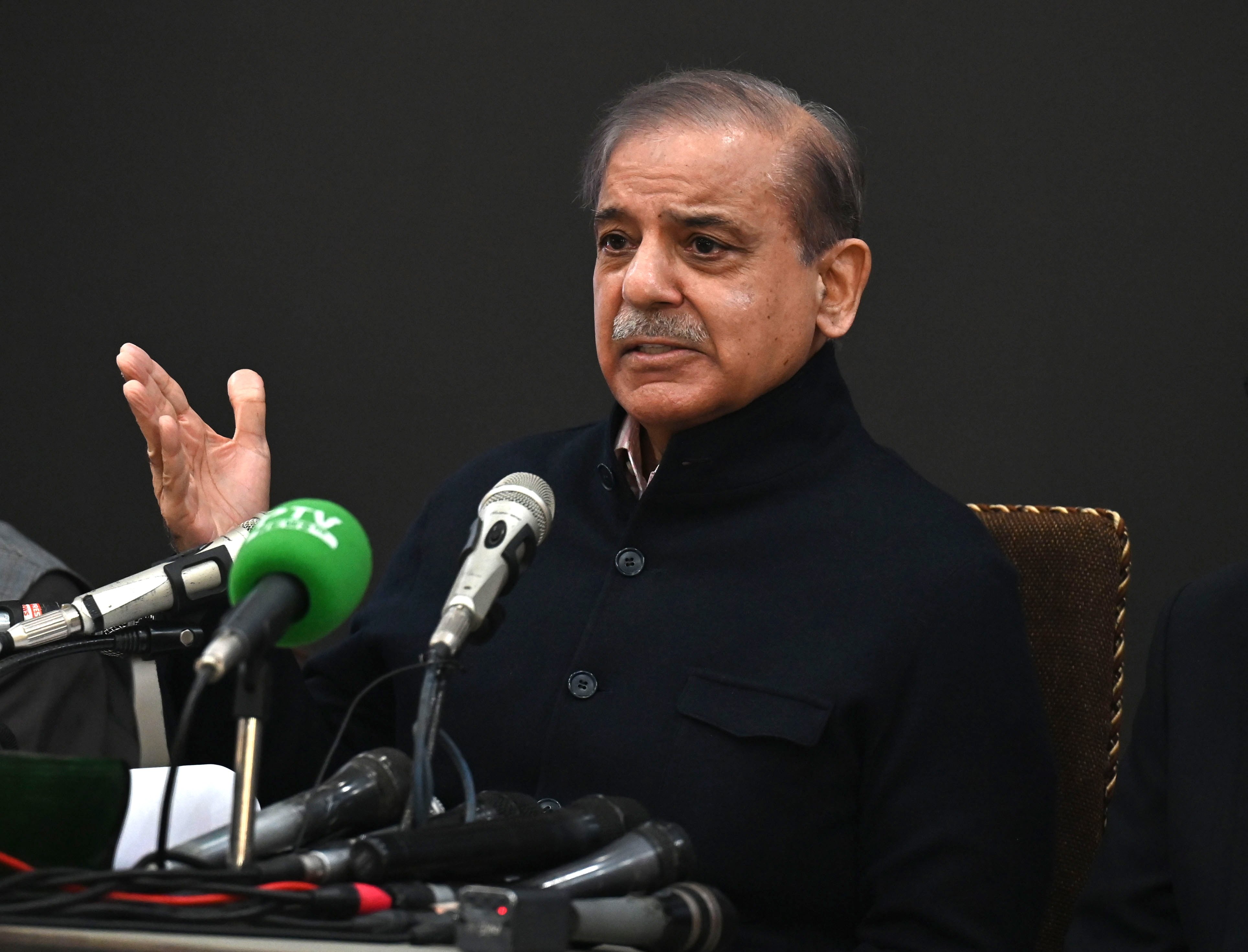 Pakistan’s former prime minister Shehbaz Sharif speaks during a press conference in Lahore on Tuesday. Photo: EPA-EFE