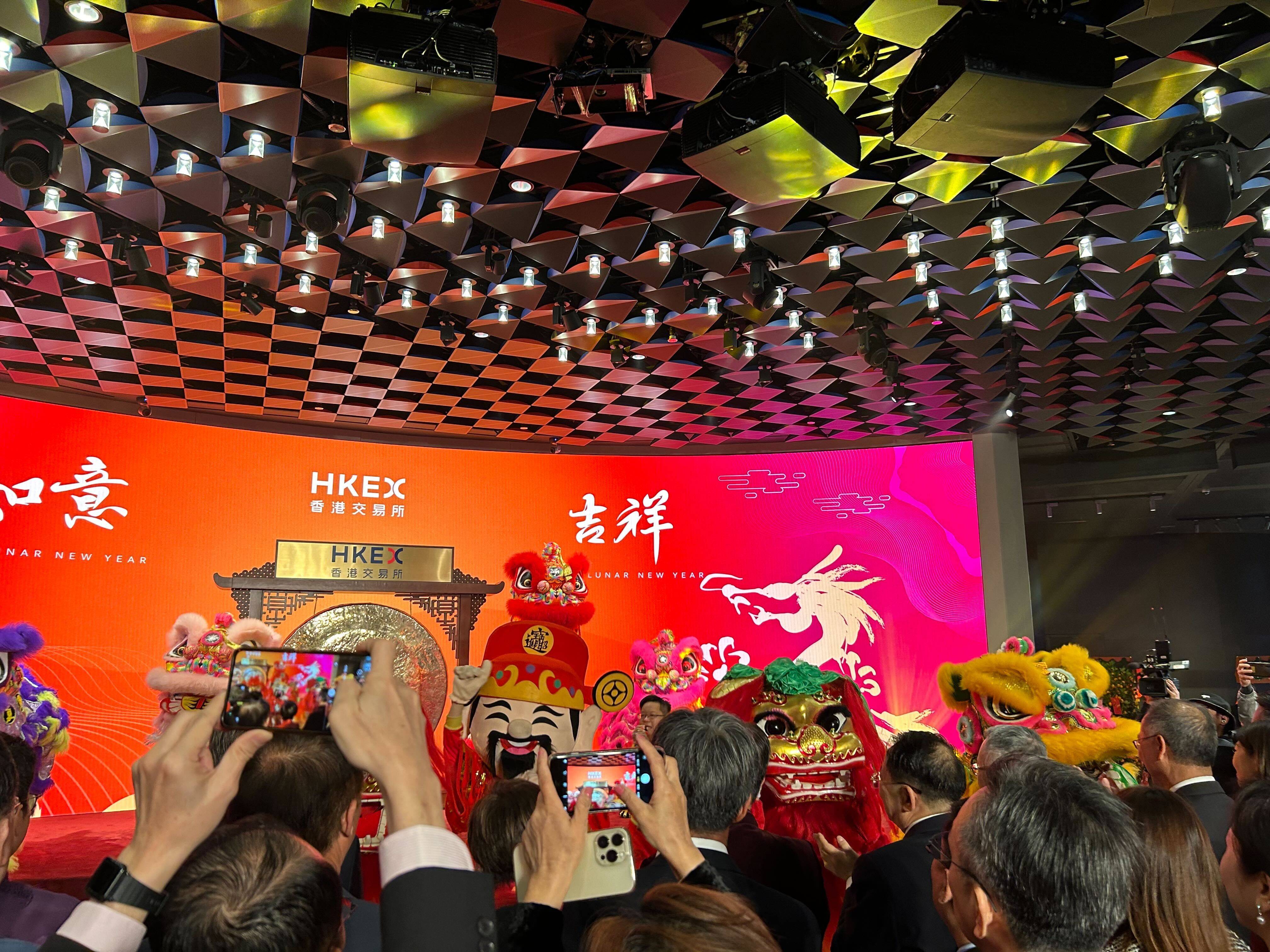 Financial executives at the Hoing Kong stock exchange to welcome the first day of trading in the Year of the Dragon on February 14, 2024. Photo: Mia Castagnone