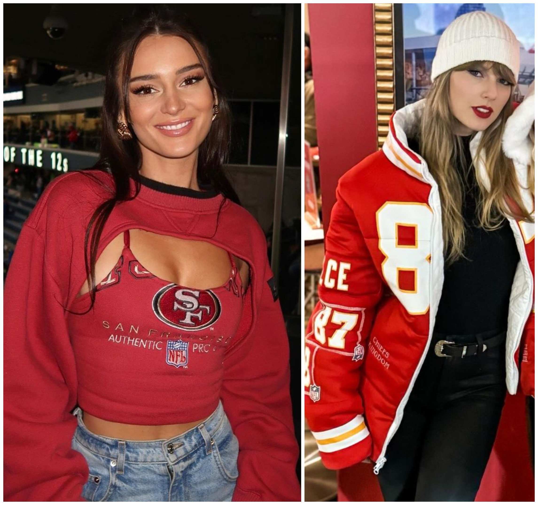 Kristin Juszczyk made a red Kansas City Chiefs jacket for Taylor Swift and now all eyes are on her clothing brand. Photos: @kristinjuszczyk, @brittanylynne/Instagram