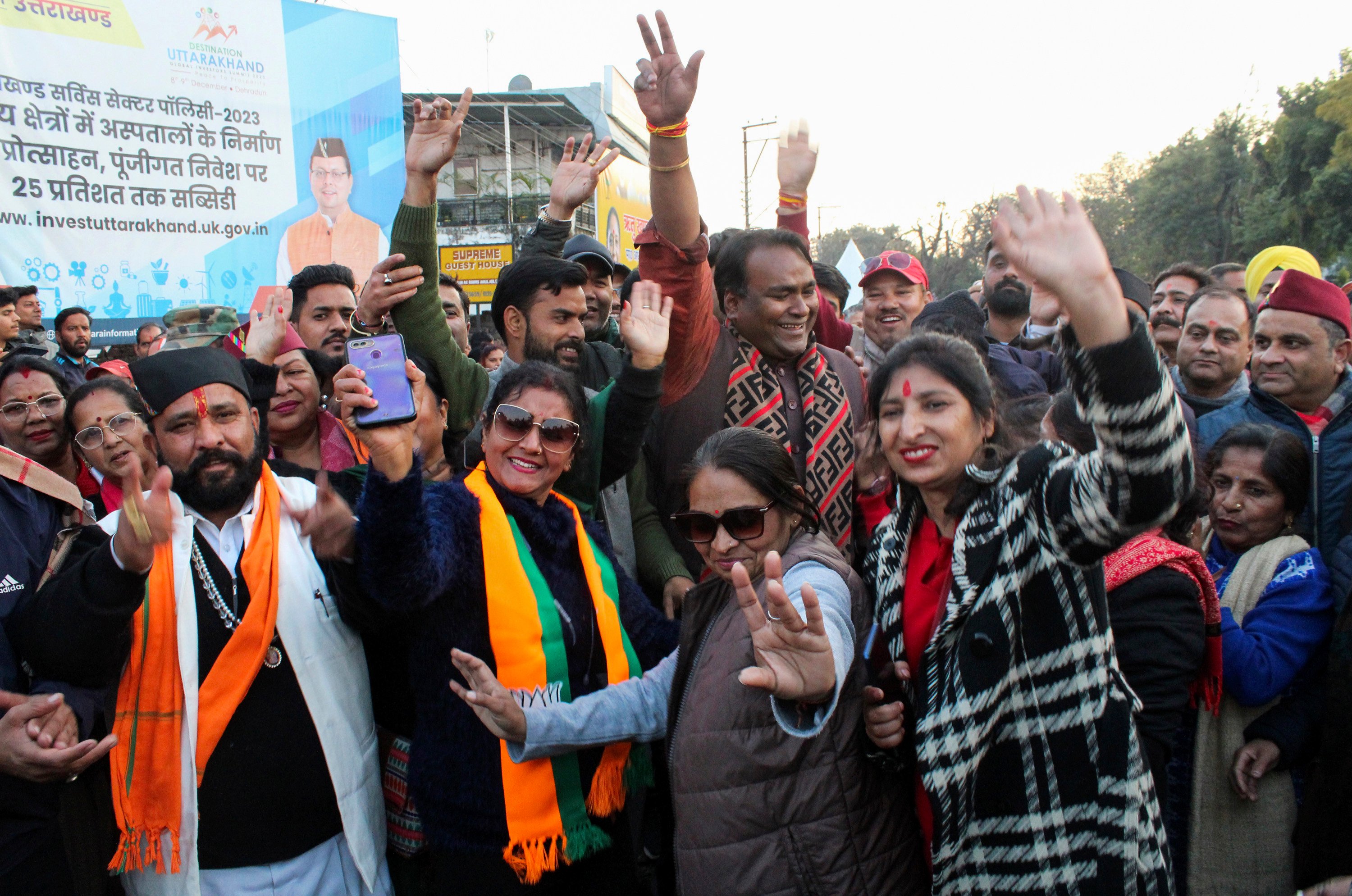 Bharatiya Janata Party supporters celebrate after Uttarakhand state lawmakers passed a uniform marriage law for all religions in Dehradun, India, on February 7. Photo: AP
