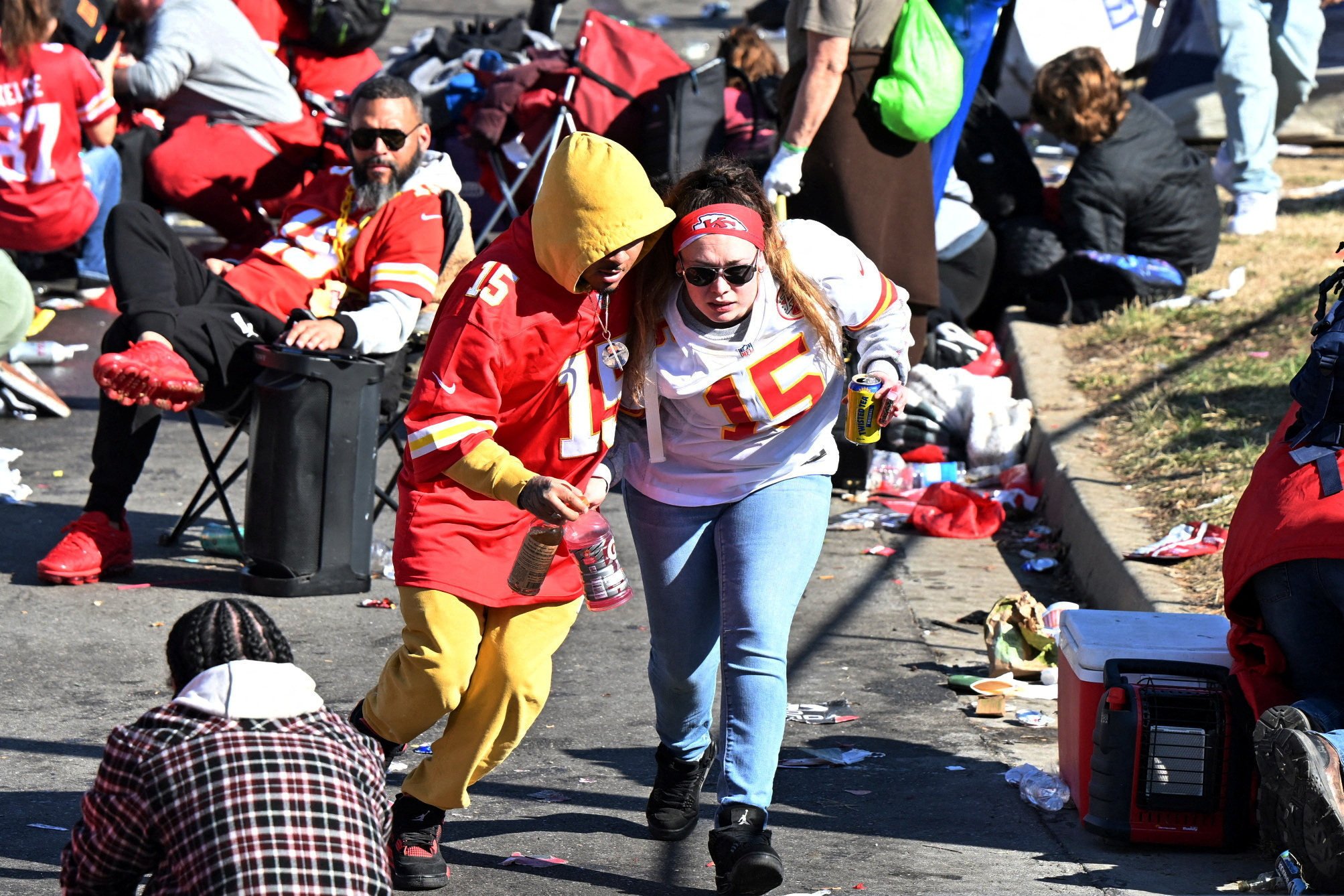 After shots rang out, shocked fans scrambled to flee to safety. Photo: David Rainey-USA TODAY Sports   