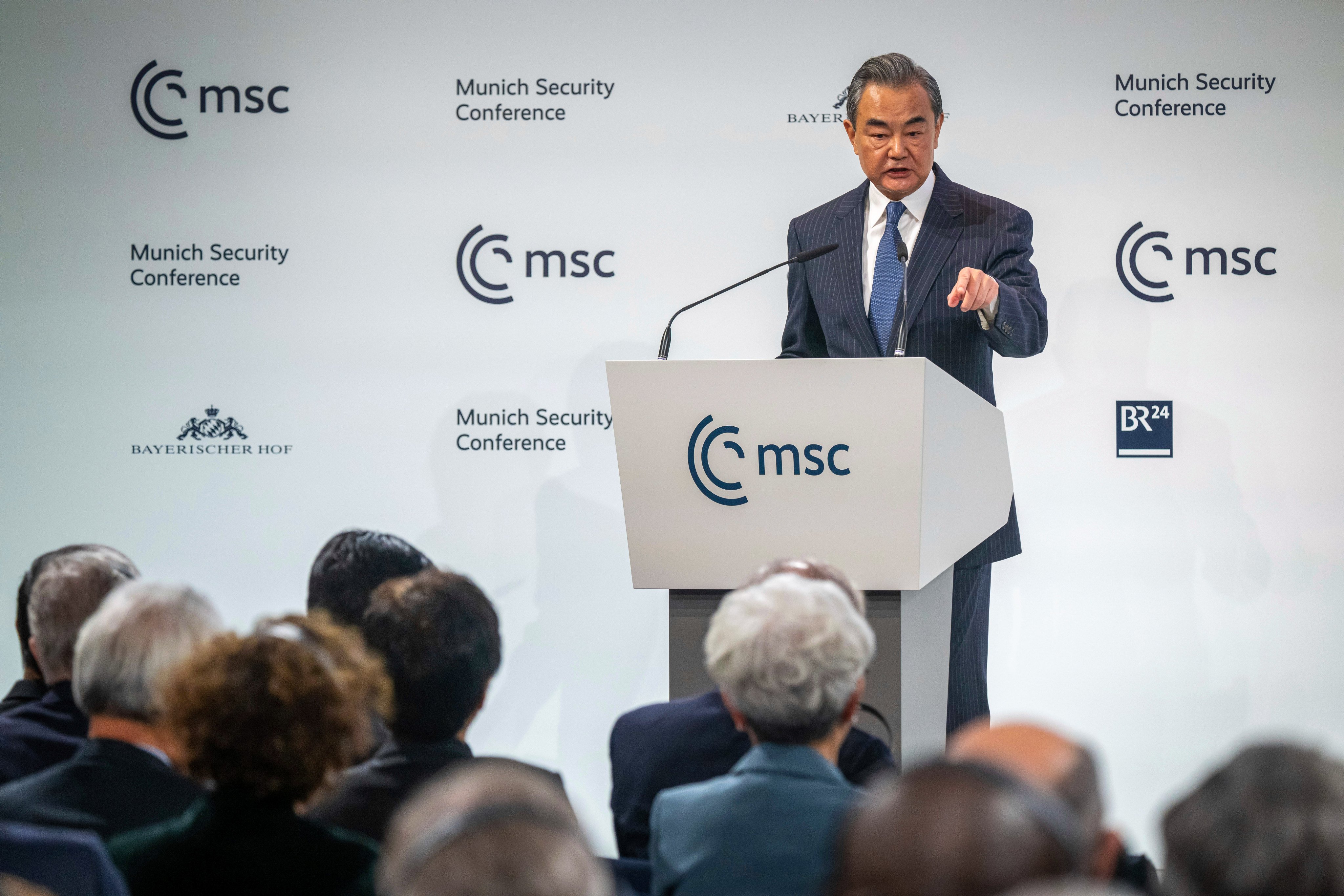 China’s top diplomat Wang Yi speaks during the previous edition of the Munich Security Conference in Munich, Germany in February 2023. Photo: AP