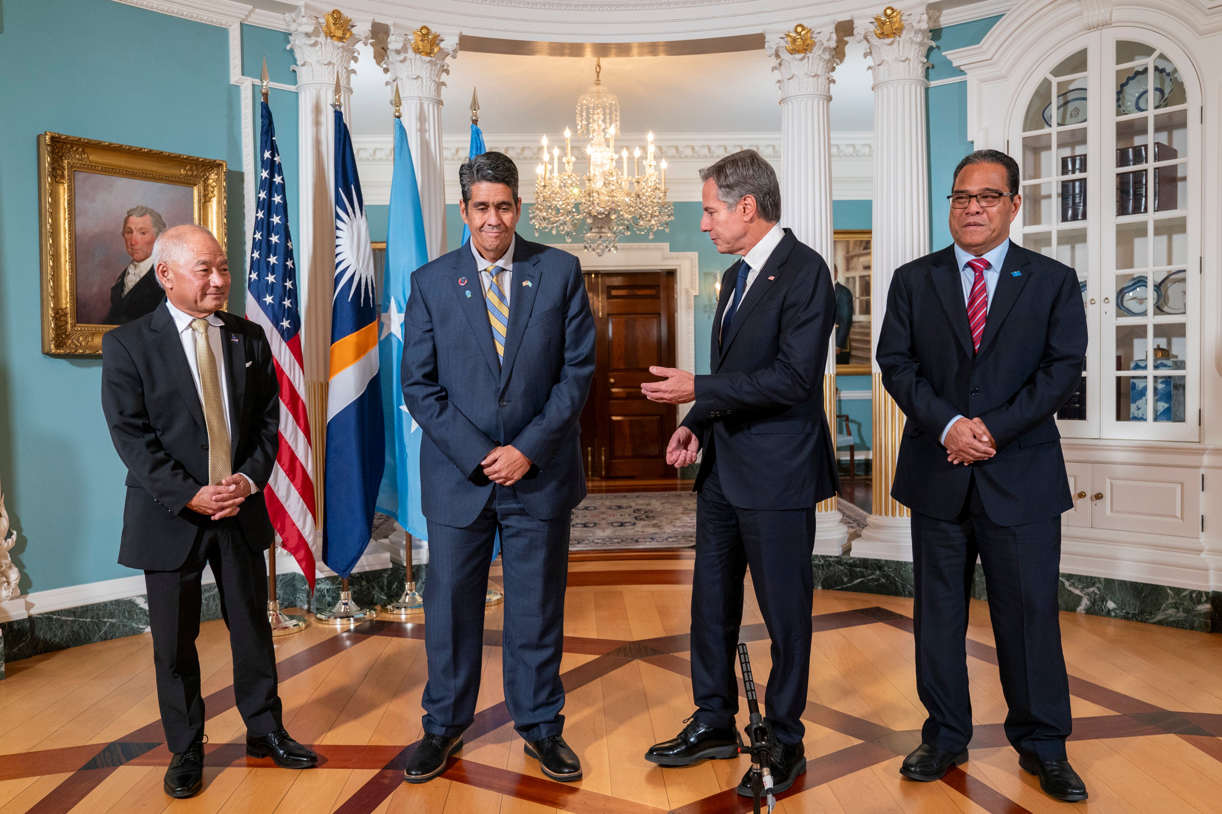 US Secretary of State Antony Blinken (centre right) meets with (from left) Marshall Islands Foreign Affairs and Trade Minister Jack Ading, Palauan President Surangel Whipps, Jnr and Micronesian President Wesley Simina at the State Department in Washington on Sept. 26. Photo: AP