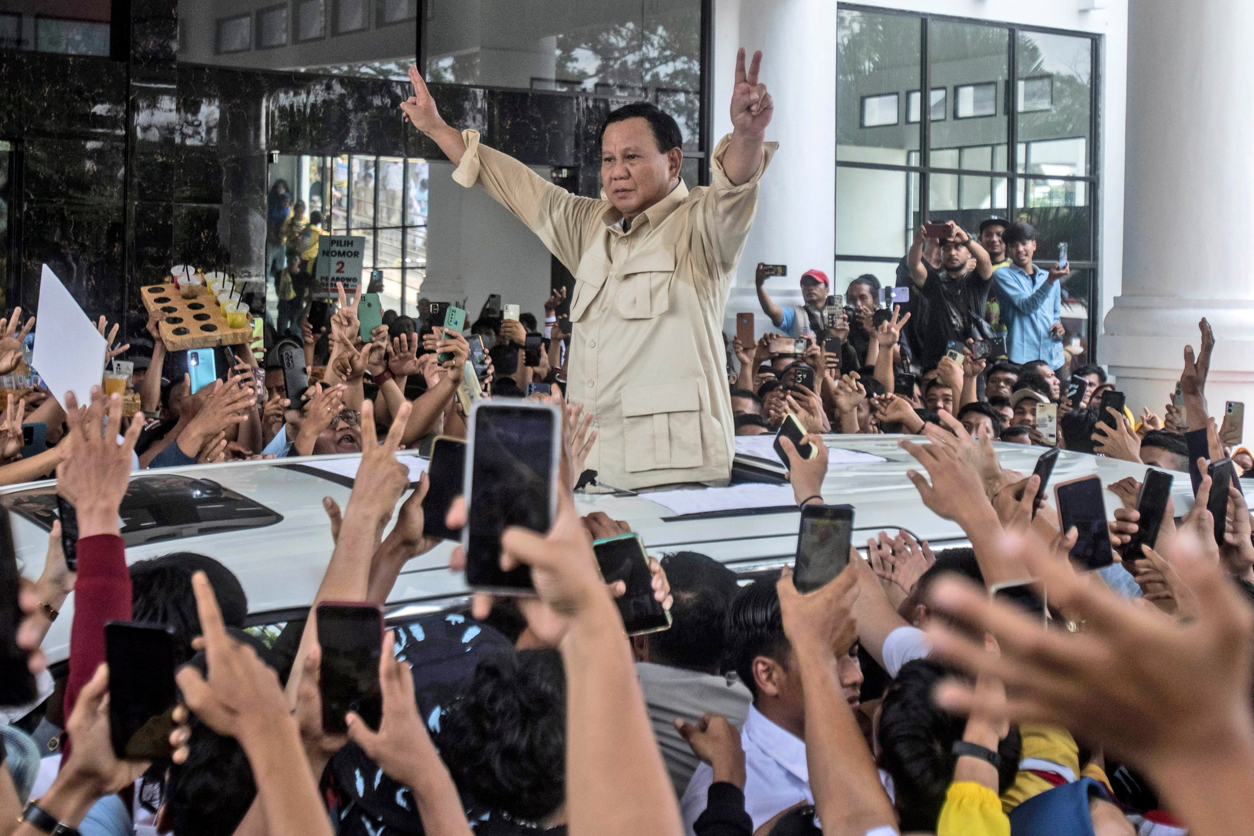 President-elect Prabowo Subianto greets supporters in Medan at a rally on January 13. Photo: AP