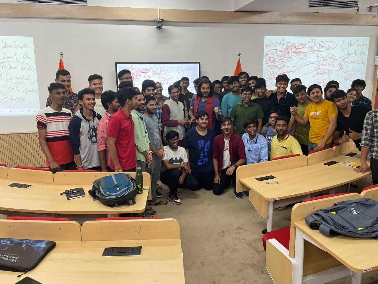 A group of students at Rishihood University in the Indian city of Sonipat discussed with Leverage.biz founder Akshay Chaturvedi about overseas education on October 10, 2023. Photo: Handout