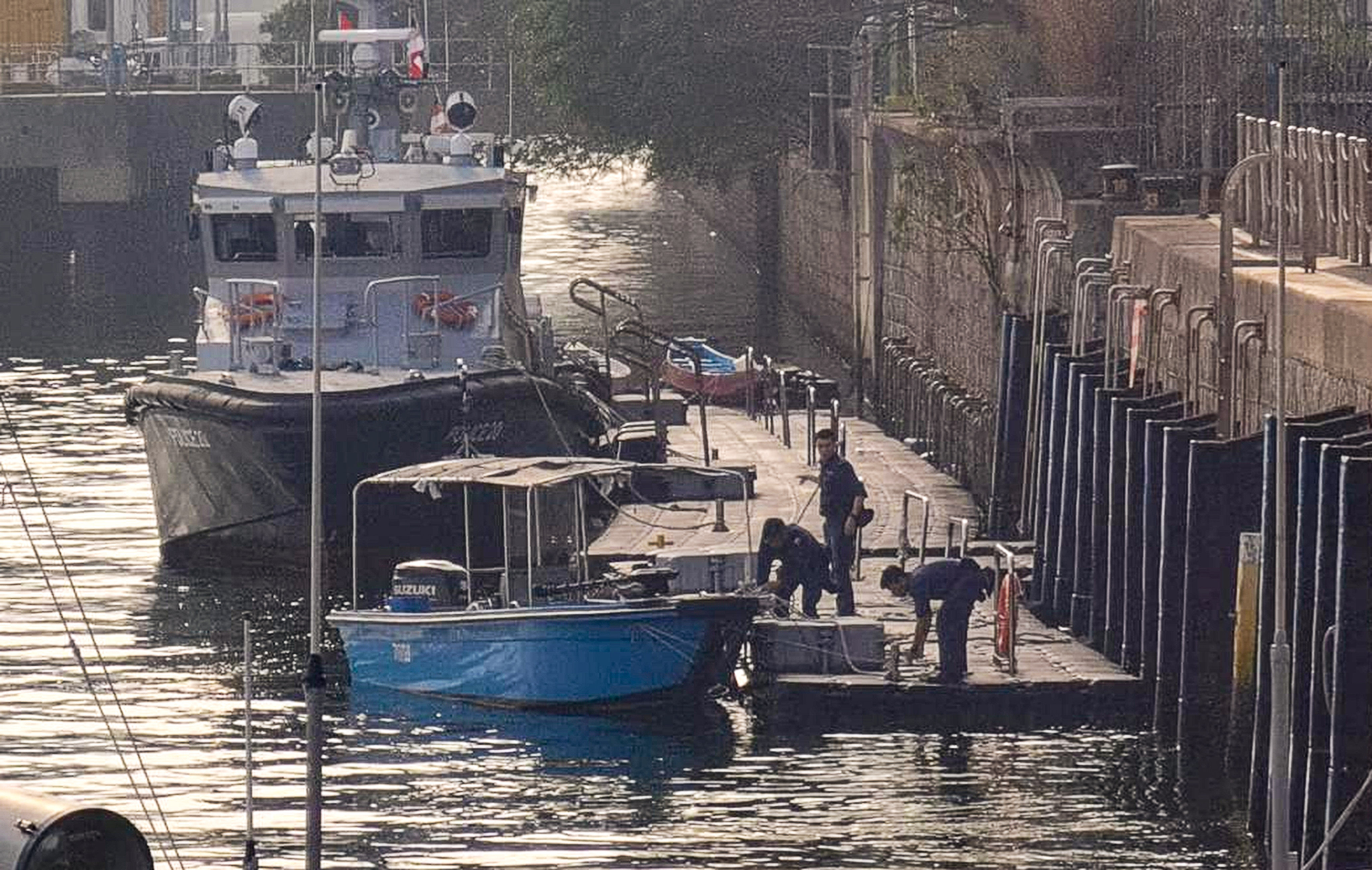 The boat involved in the incident was towed to the Ma Liu Shui Marine Police Base for investigation. Photo: Handout 
