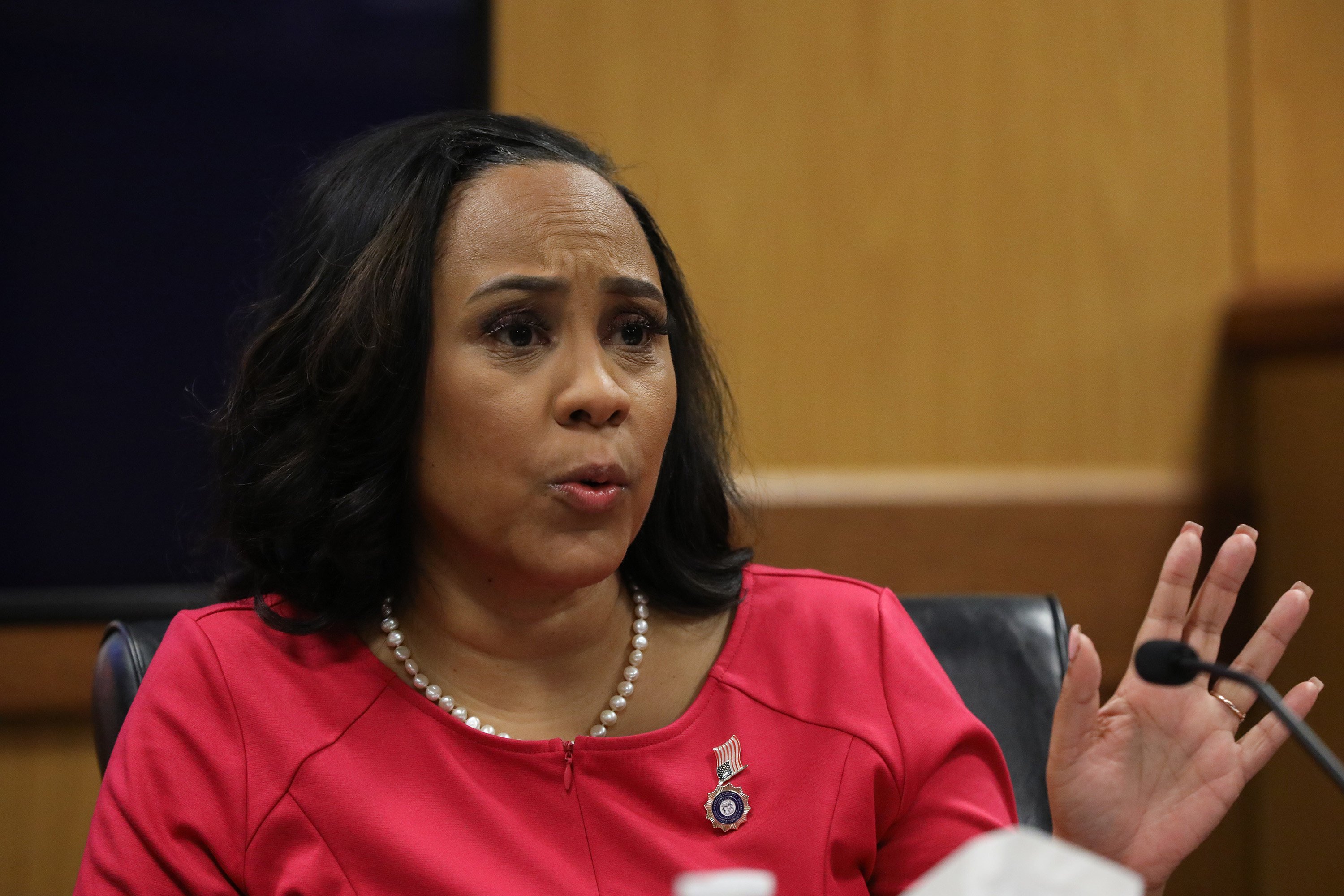 Fulton County District Attorney Fani Willis testifies during a hearing in Atlanta on Thursday. Photo: TNS