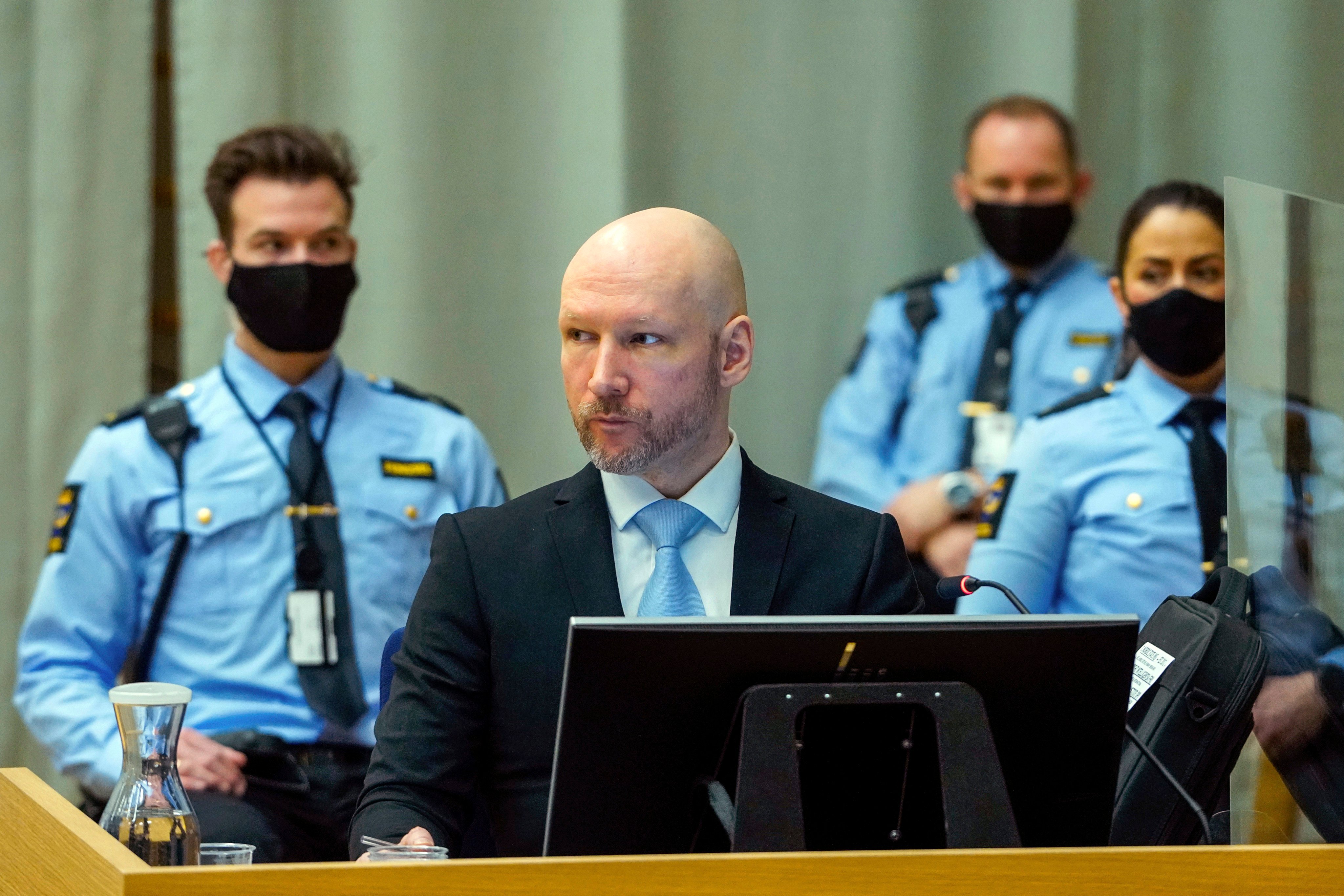 Convicted mass murderer Anders Behring Breivik sits in the makeshift courtroom in Skien prison in January 2022. Photo: NTB Scanpix via AP