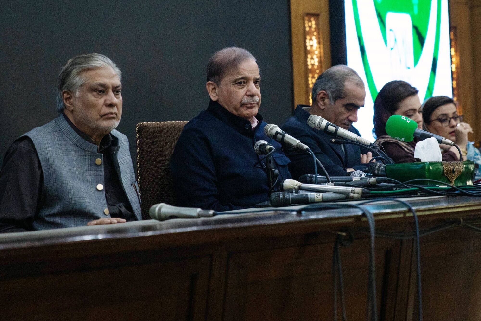 Shehbaz Sharif, Pakistan’s prime minister candidate for the Pakistan Muslim League-N party, (second left) at a news conference in Lahore on February 13. Photo: Bloomberg