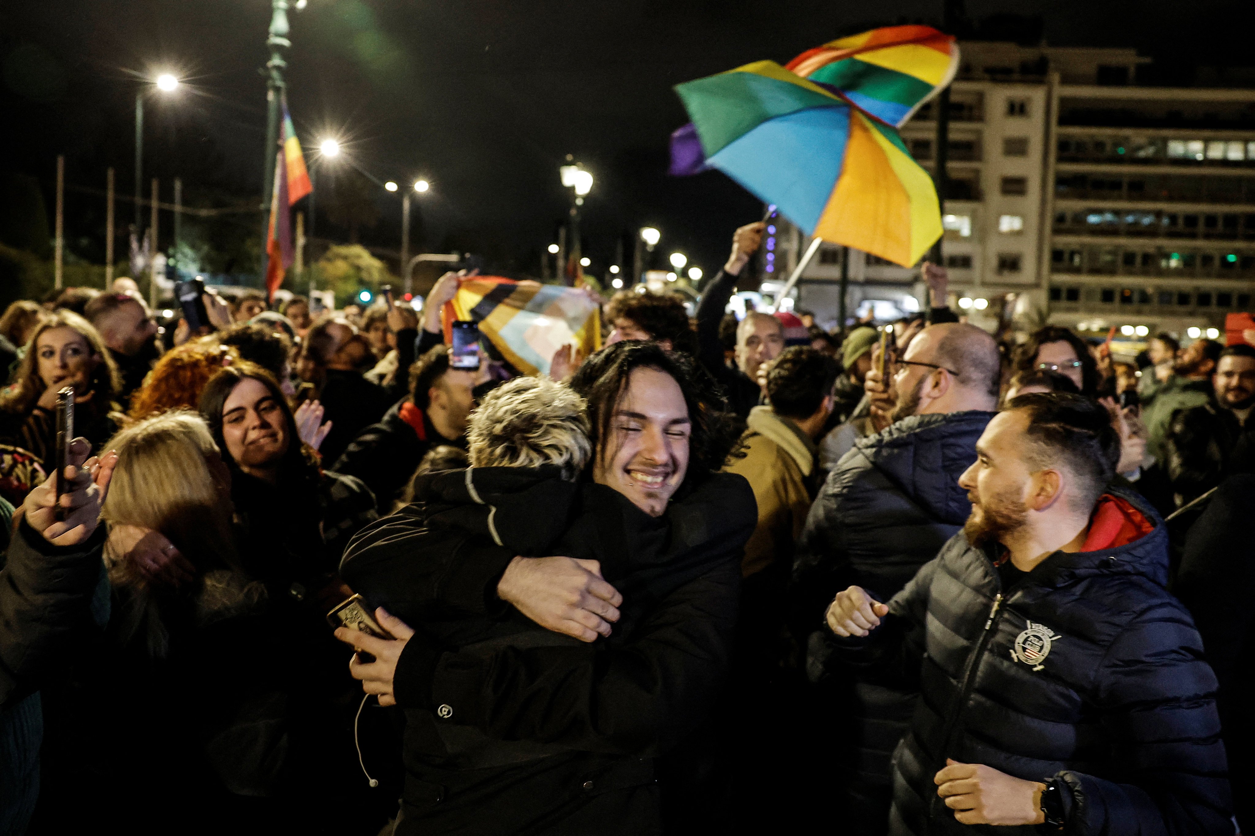 Members of the LGBT community and supporters celebrate in Athens, Greece. Photo: Reuters