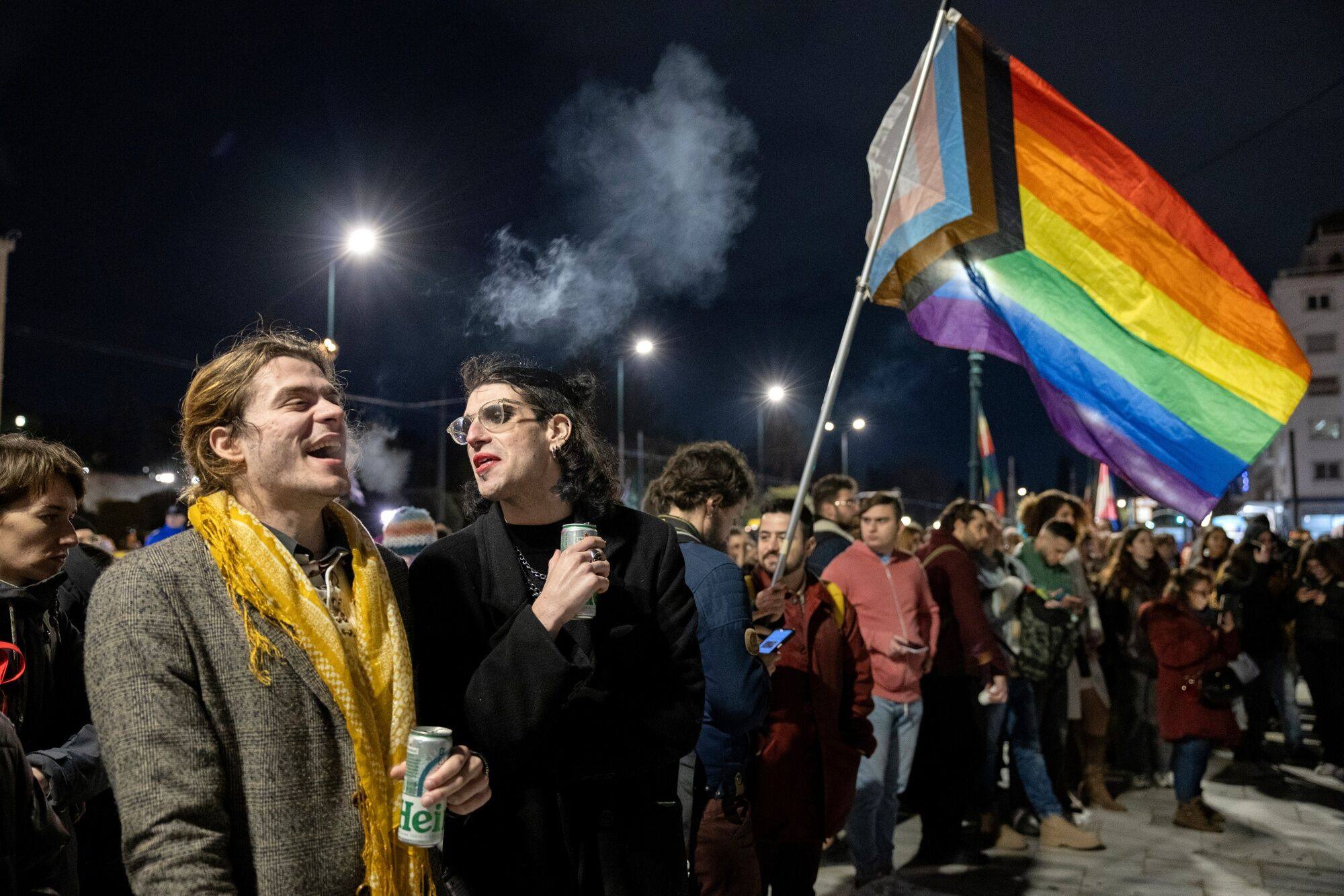 Supporters of the same-sex marriage bill outside the parliament building in Syntagma Square in Athens. Photo: Bloomberg