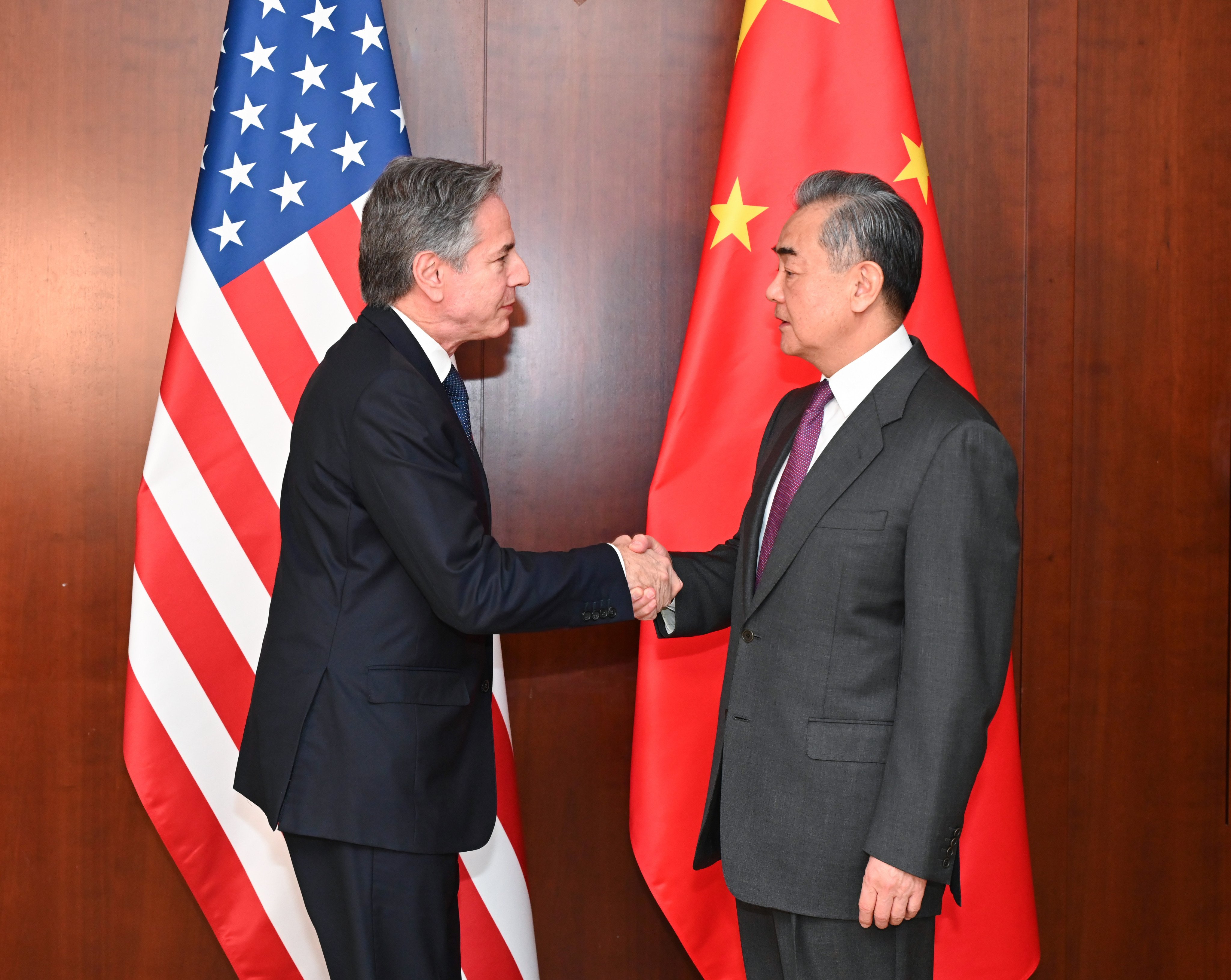 US Secretary of State Antony Blinken (left) shakes hands with Chinese Foreign Minister Wang Yi during their meeting in Munich, Germany on Friday. Photo: Xinhua