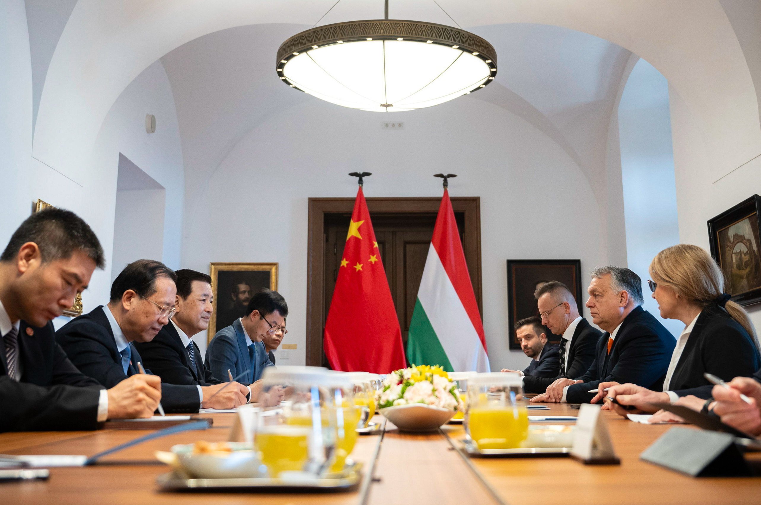 Chinese Public Security Minister Wang Xiaohong (third from left) meets Hungarian Prime Minister Viktor Orban (third from right) at the government headquarters in Budapest, Hungary, on Friday. Photo: EPA-EFE/Hungarian PM’s Press Office