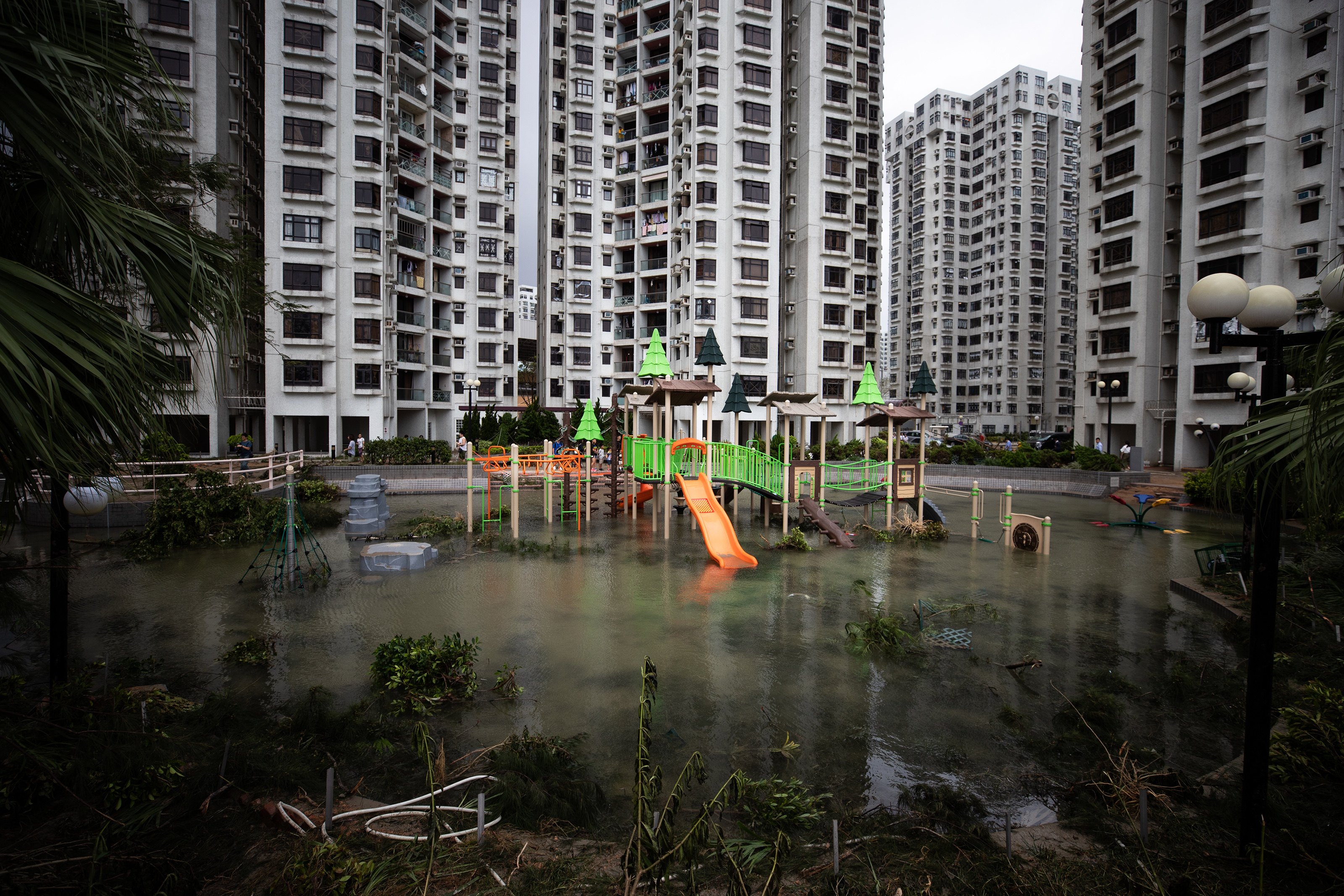 A flooded playground at Heng Fa Chuen, a harbourside housing estate, after Typhoon Mangkhut hit Hong Kong on September 16, 2018. The typhoon triggered insurance claims costing more than HK$2 billion. Photo: Winson Wong 