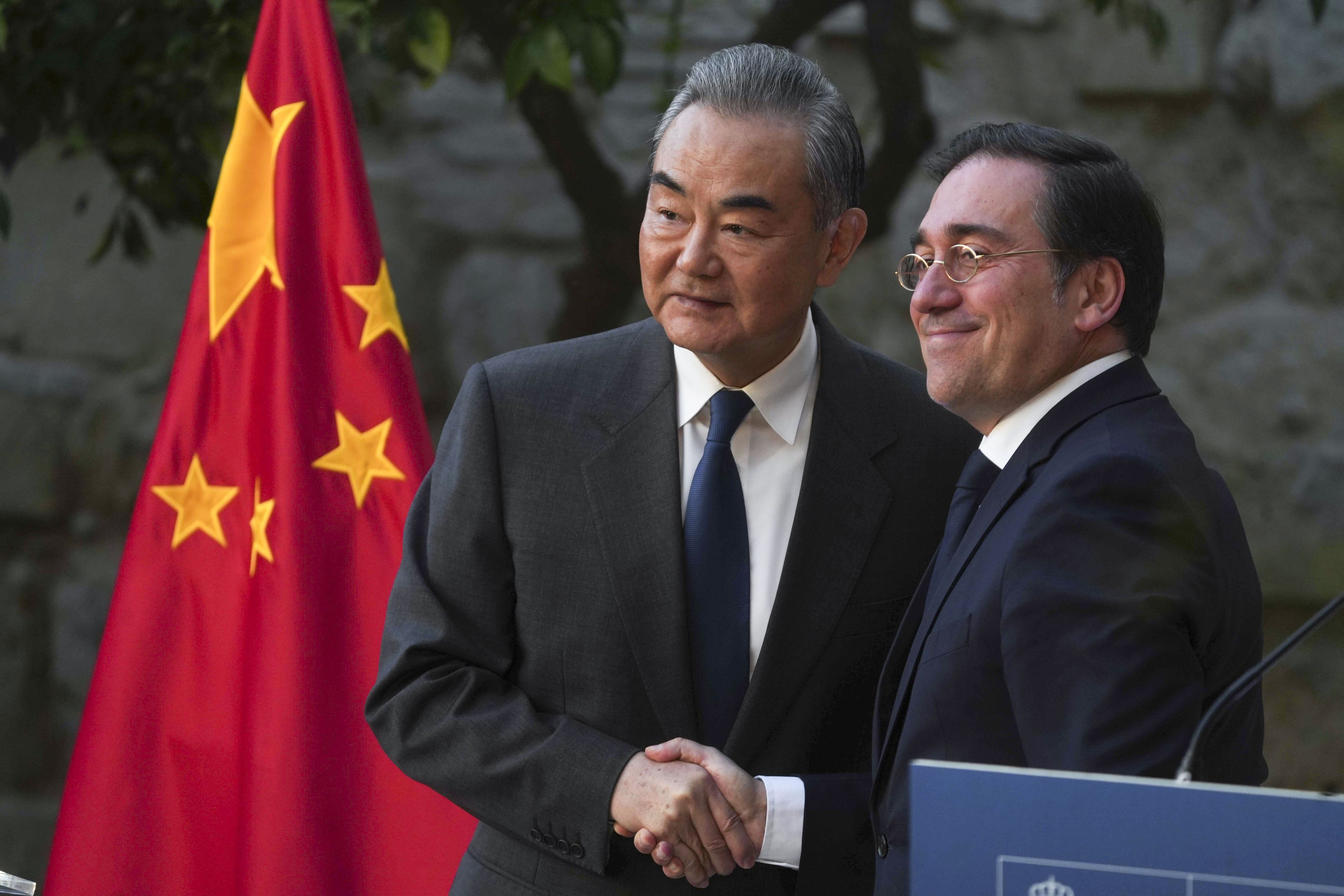 Chinese Foreign Minister Wang Yi and his Spanish counterpart Jose Manuel Albares speak to reporters after talks in Cordoba, Spain on Sunday. Photo: EPA-EFE