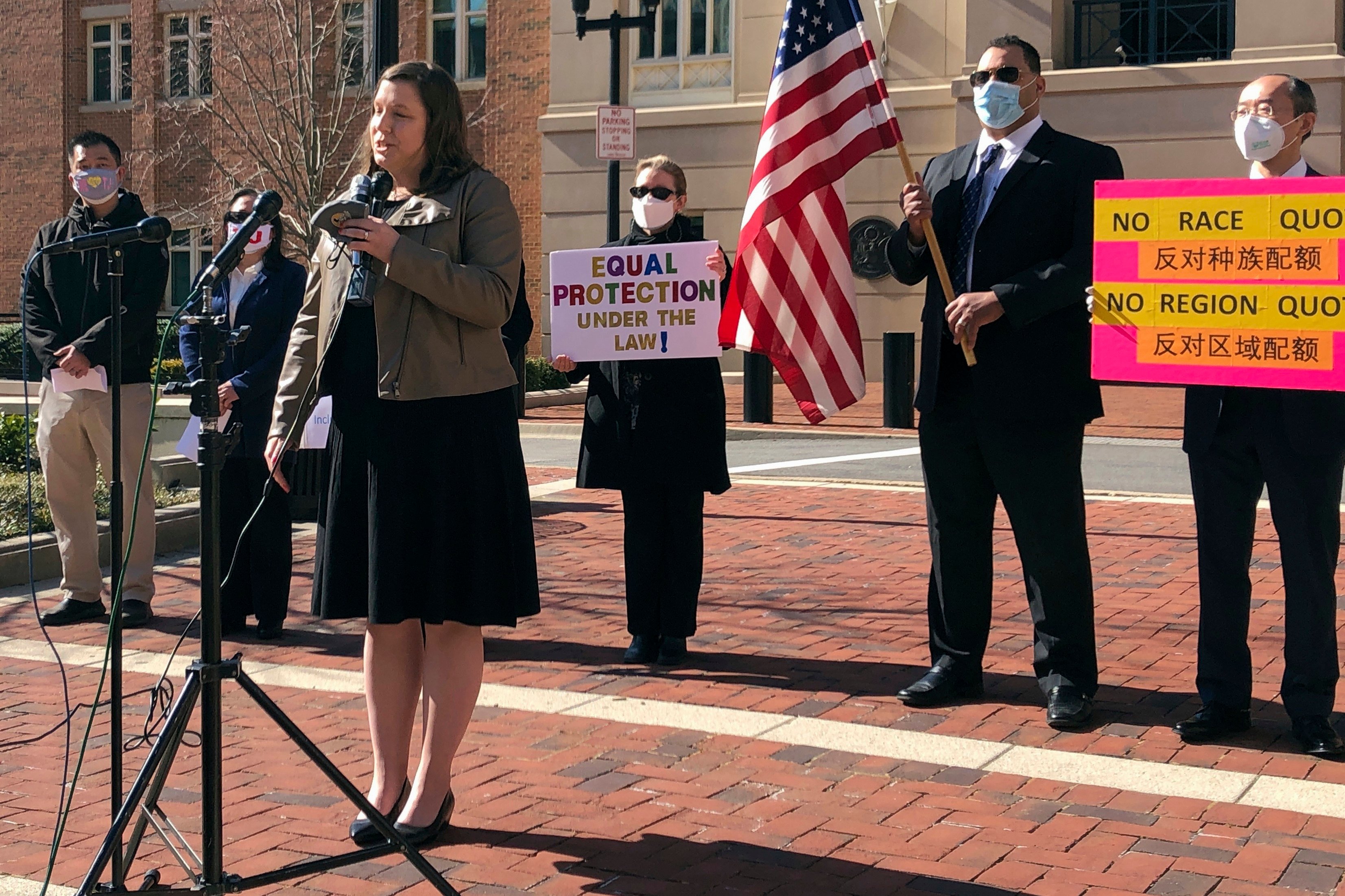 Pacific Legal Foundation lawyer Erin Wilcox speaks at a news conference in March 2021 outside the federal courthouse in Alexandria, Virginia, where her organisation filed a lawsuit against Fairfax County’s school board, alleging discrimination against Asian-Americans over its revised admissions process for the elite Thomas Jefferson High School for Science and Technology. Photo: AP